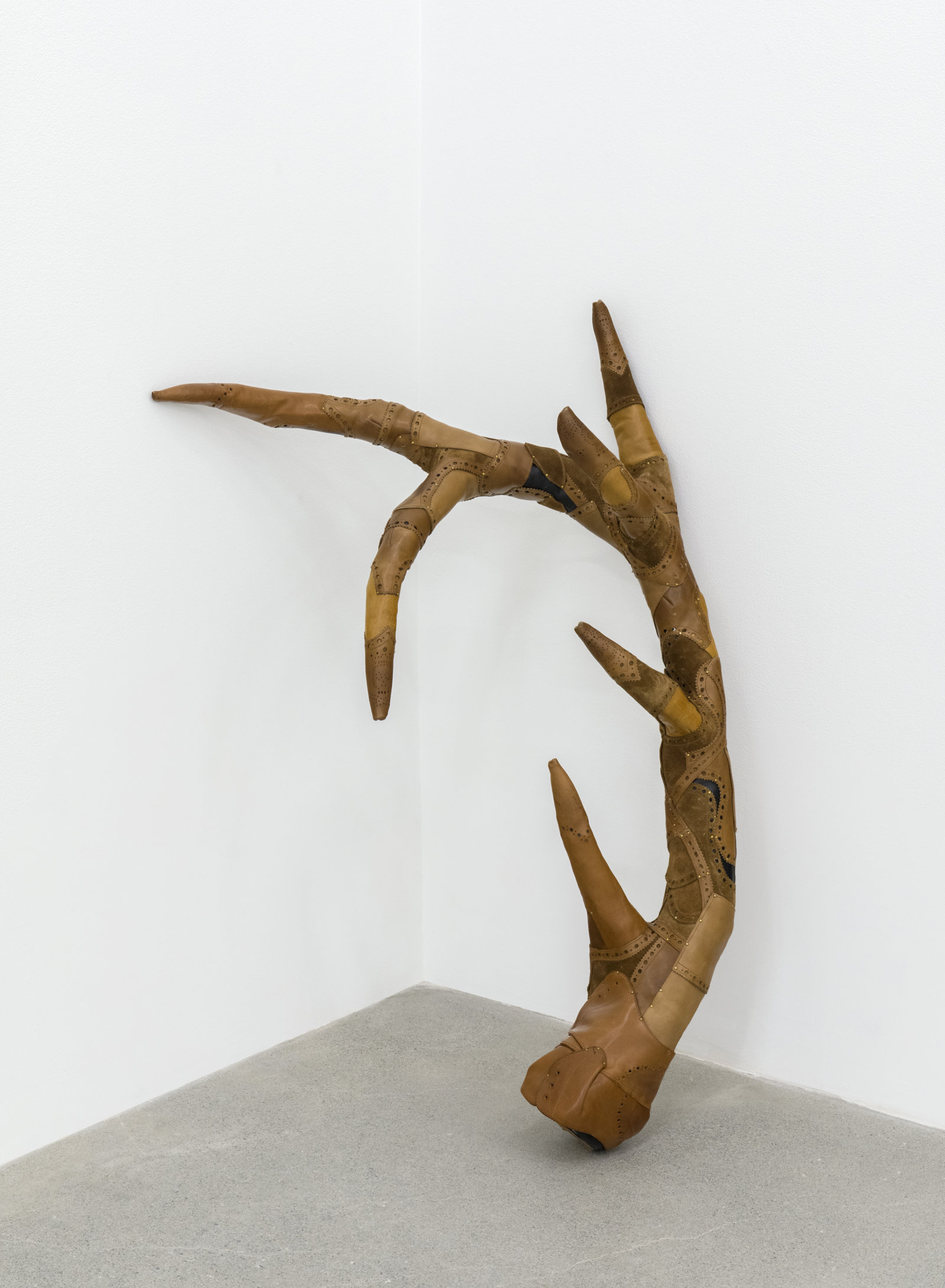 Brian Jungen, Antler Study (elk), 2007, leather shoes, rubber, brass tacks, 37 x 21 x 5 in. (93 x 53 x 13 cm)