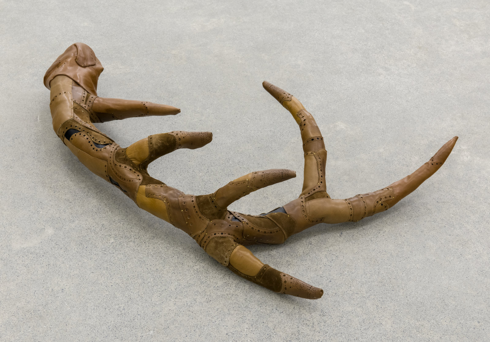 Brian Jungen, Antler Study (elk), 2007, leather shoes, rubber, brass tacks, 37 x 21 x 5 in. (93 x 53 x 13 cm)