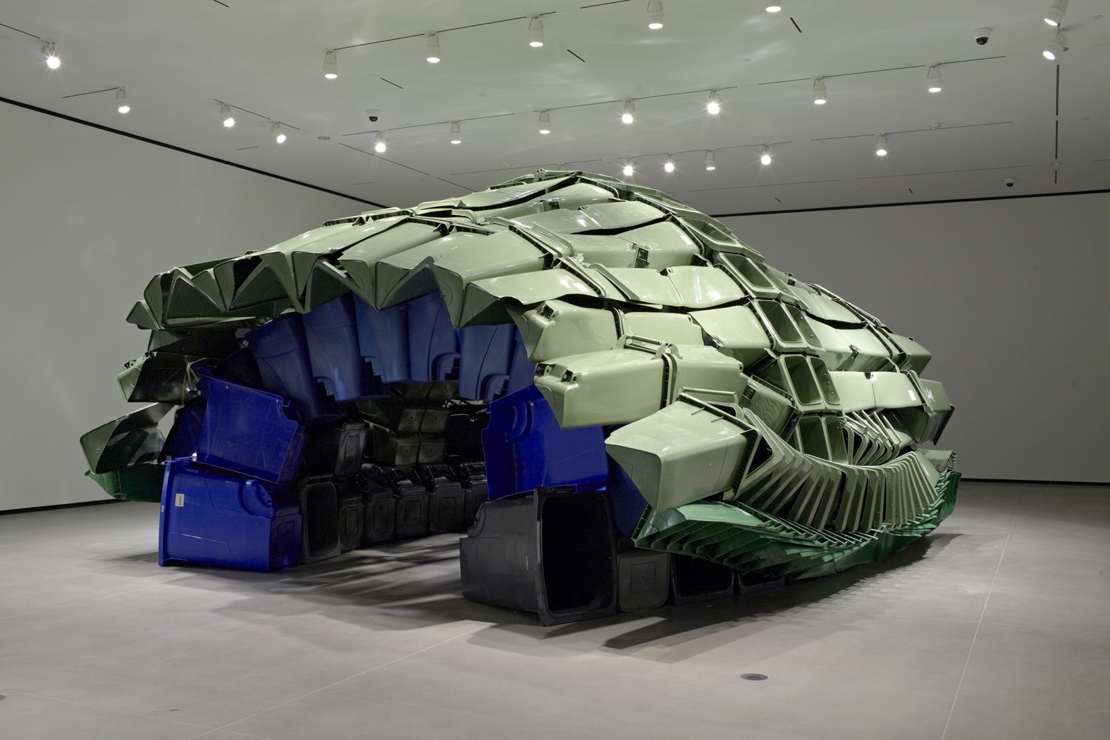 Brian Jungen, Carapace, 2009–2011, plastic recycling containers, 144 x 264 x 252 in. (370 x 670 x 640 cm). Installation view, Art Gallery of Alberta, Edmonton, AB, 2011