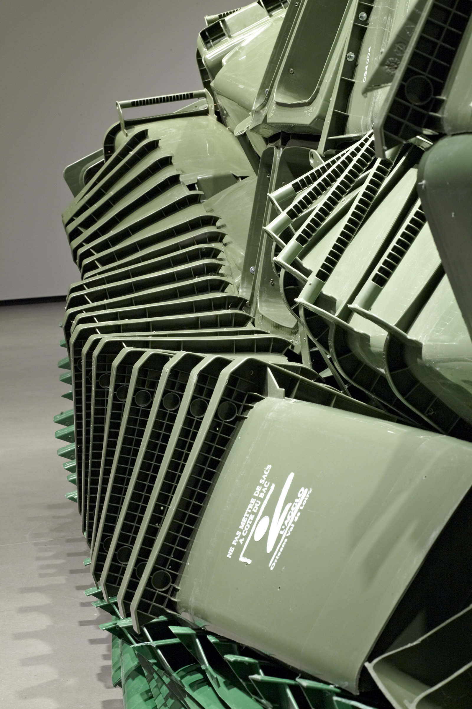 Brian Jungen, Carapace (detail), 2009–2011, plastic recycling containers, 144 x 264 x 252 in. (370 x 670 x 640 cm). Installation view, Art Gallery of Alberta, Edmonton, AB, 2011