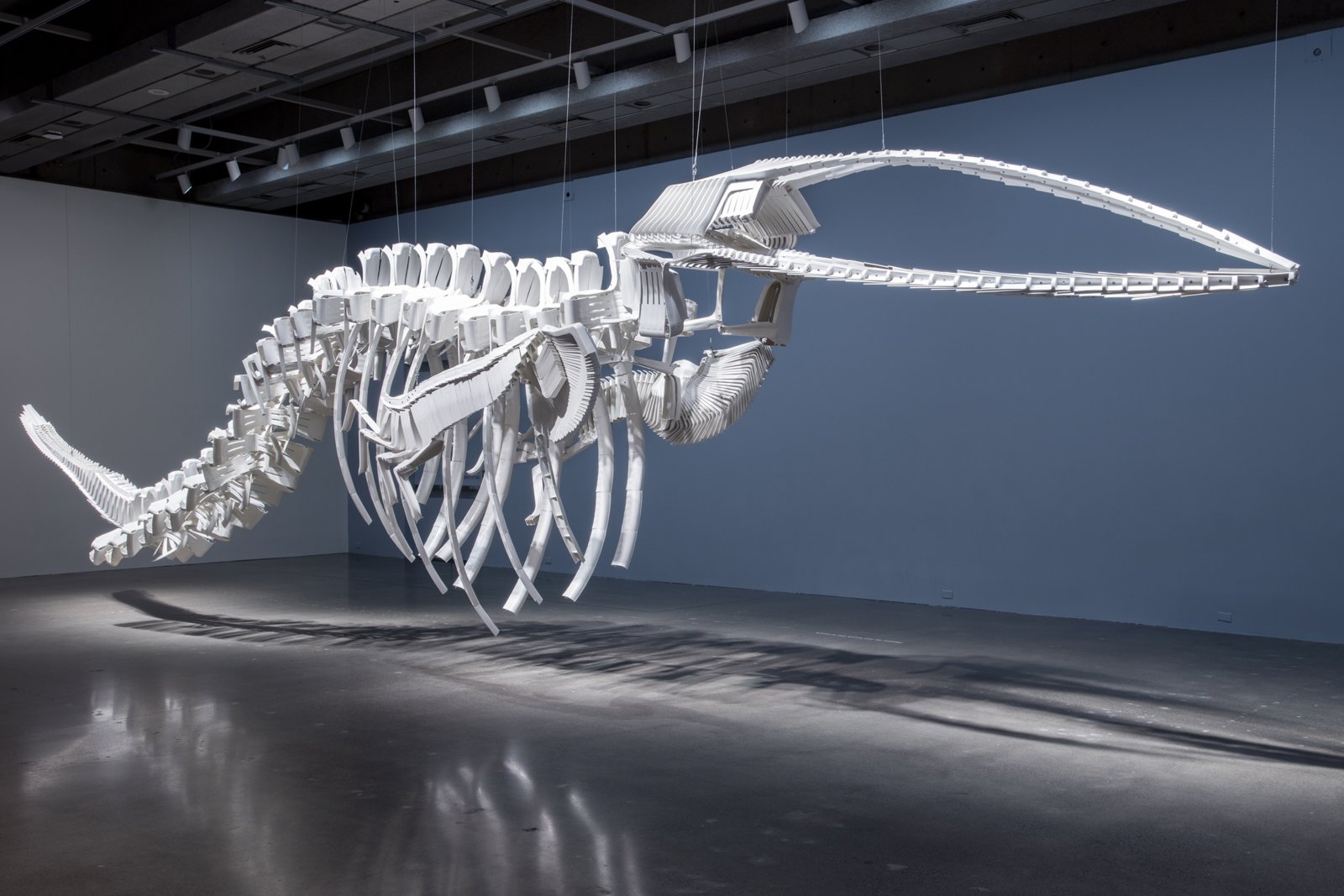 Brian Jungen, Cetology, 2002, plastic chairs, 159 x 166 x 587 in. (404 x 422 x 1491 cm). Installation view, Friendship Centre, Art Gallery of Ontario, Toronto, Canada, 2019