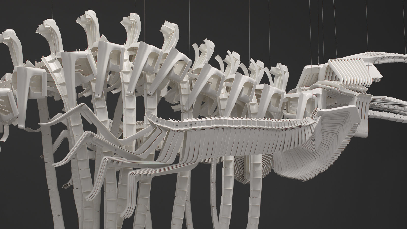 Brian Jungen, Cetology (detail), 2002, plastic chairs, 159 x 166 x 587 in. (404 x 422 x 1491 cm)