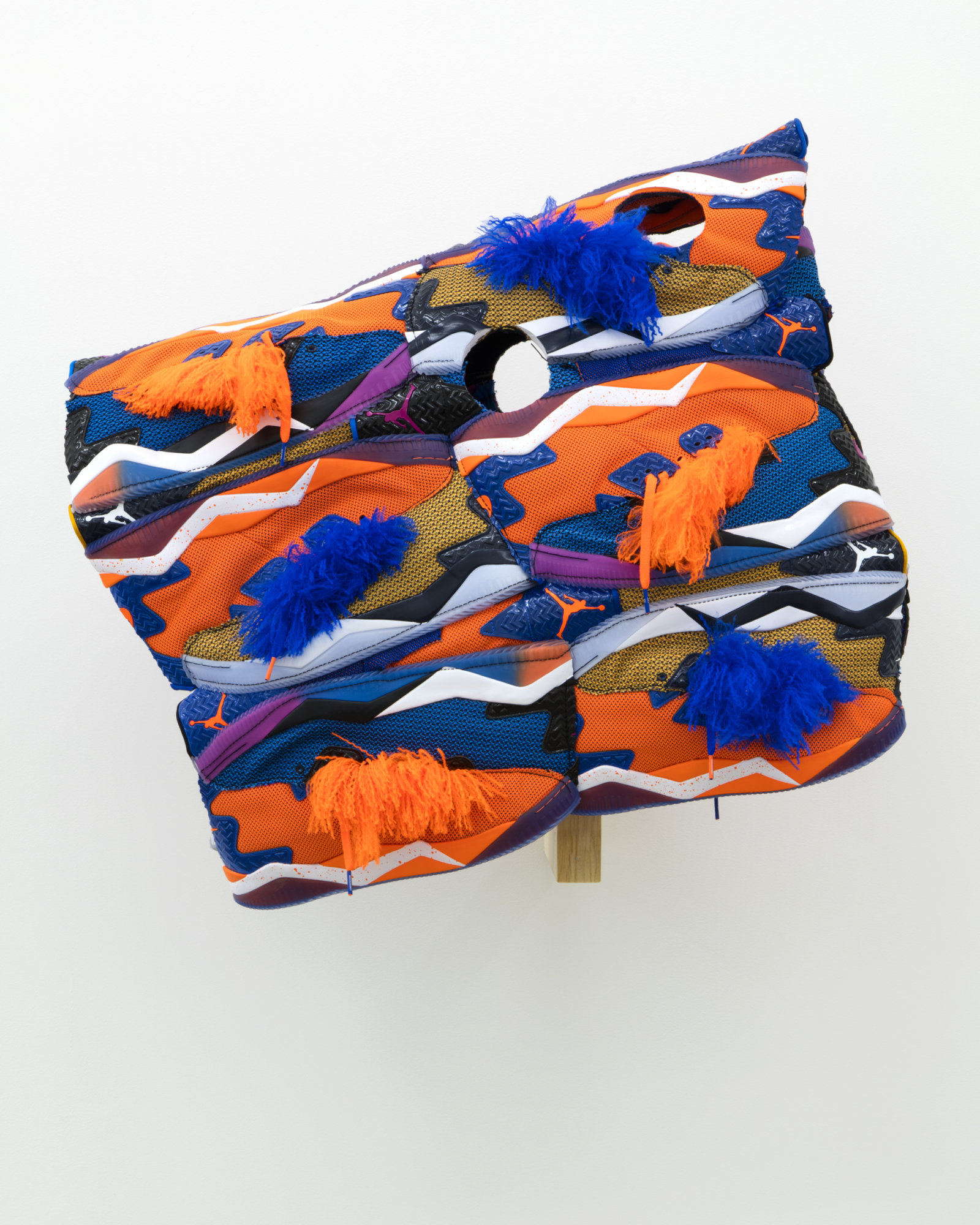 Brian Jungen, Horse Mask (Cher), 2016, nike air jordans, 28 x 29 x 12 in. (71 x 74 x 31 cm). Courtesy Casey Kaplan, New York