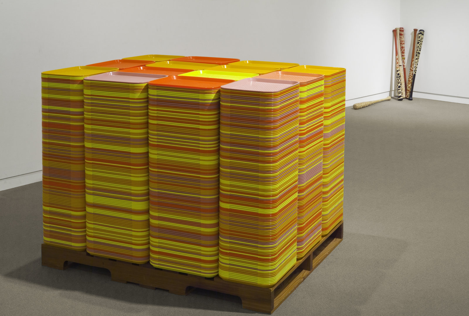 Brian Jungen, Isolated Depiction of the Passage of Time, 2001, plastic food trays, television monitor, VCR, wood, 44 x 46 x 39 in. (112 x 118 x 100 cm). Installation view, Vancouver Art Gallery, Vancouver, 2006