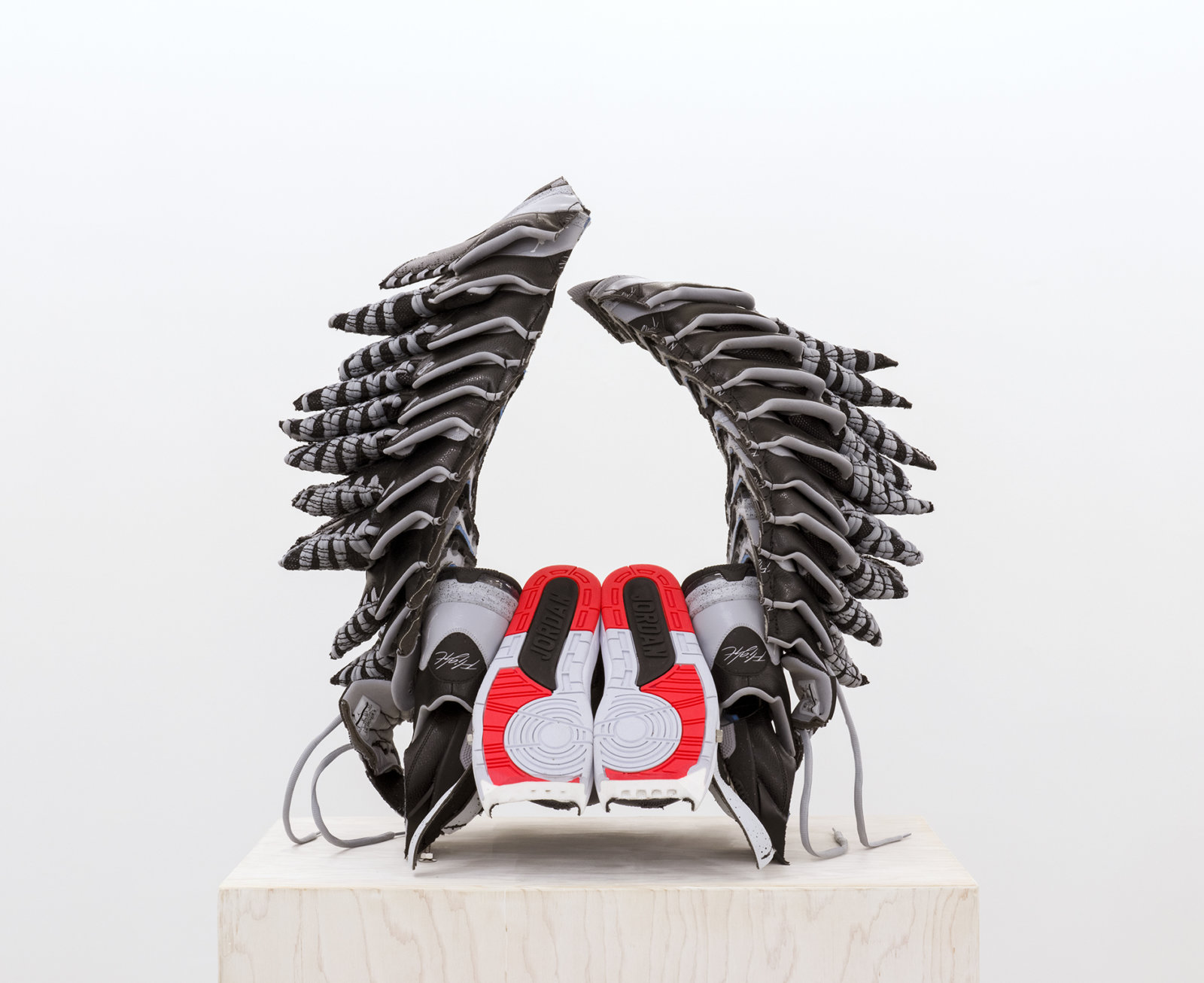 Brian Jungen, King Capra (detail), 2015/2016, Nike Air Jordans, painted fir plywood, stainless steel, 94 x 17 x 25 in. (239 x 43 x 64 cm)