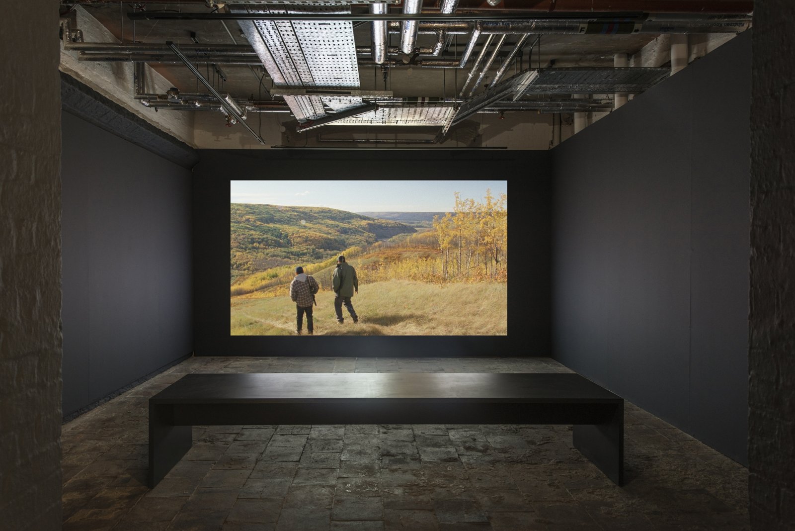 Brian Jungen and Duane Linklater, Modest Livelihood, 2012, super 16mm film, transferred to blu-ray, 50 minutes, silent. Installation view, Beautiful world, where are you?, St. George’s Hall, Liverpool Biennial, 2018