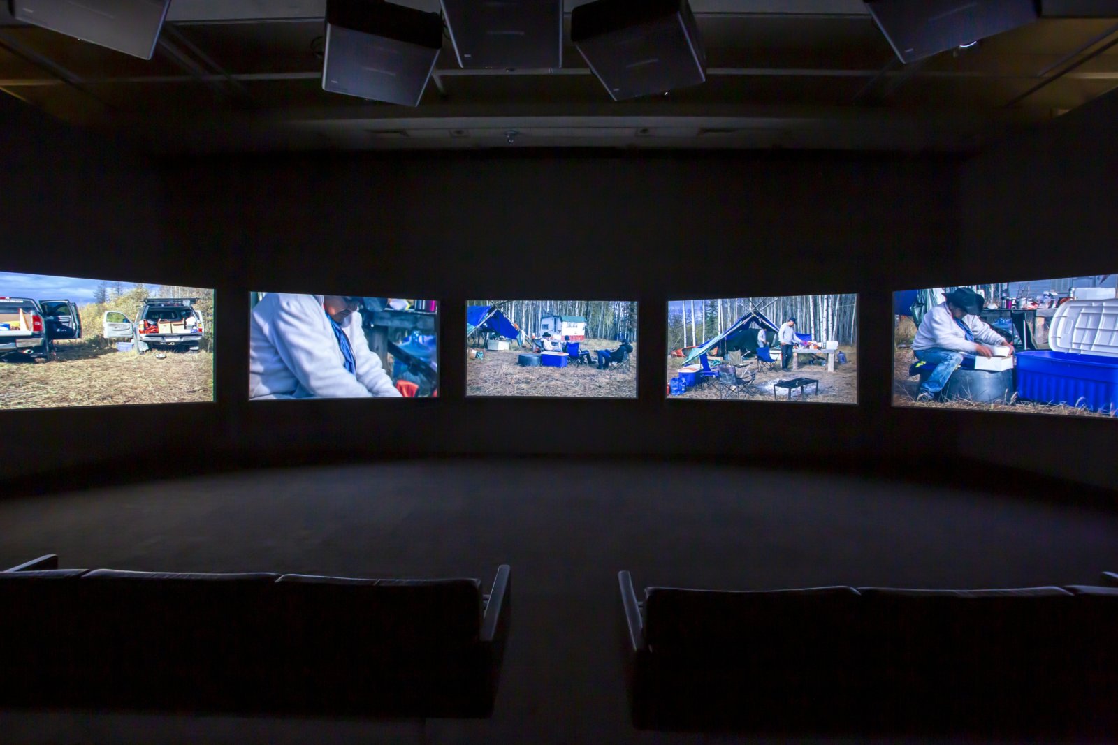 Brian Jungen and Duane Linklater, Modest Livelihood (Director’s Cut), 2019, 5 channel video, colour, silent, 46 minutes, 34 seconds. Installation view, Friendship Centre, Art Gallery of Ontario, Toronto, Canada, 2019