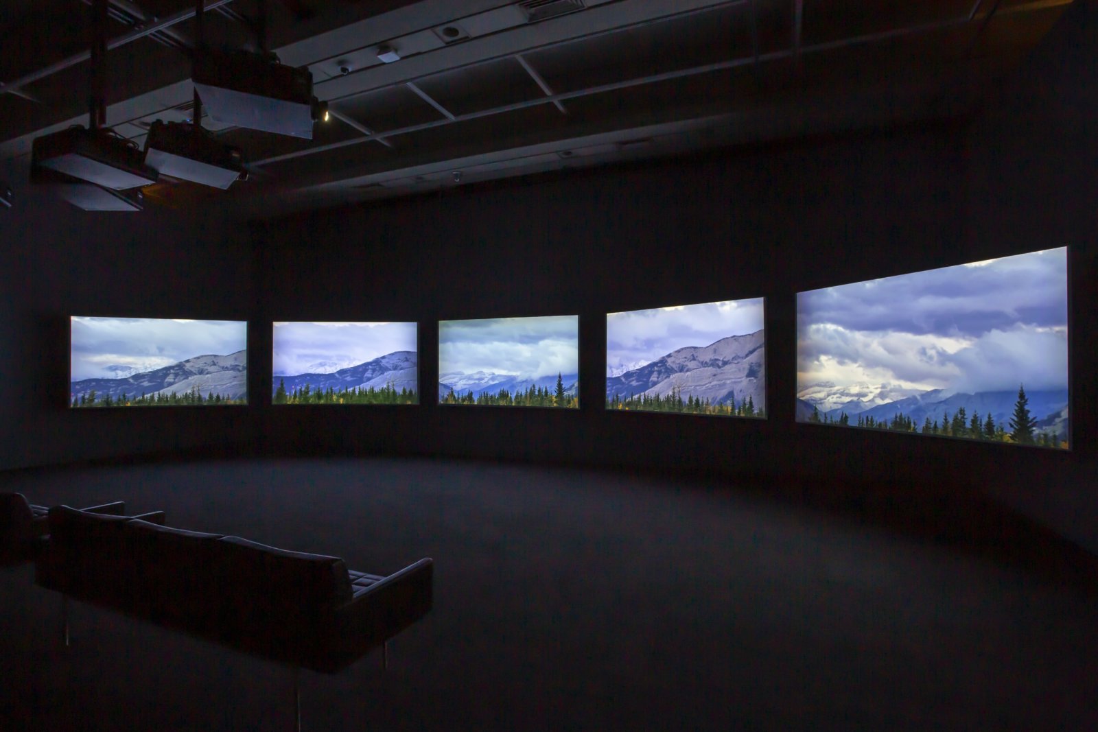 Brian Jungen and Duane Linklater, Modest Livelihood (Director’s Cut), 2019, 5 channel video, colour, silent, 46 minutes, 34 seconds. Installation view, Friendship Centre, Art Gallery of Ontario, Toronto, Canada, 2019
