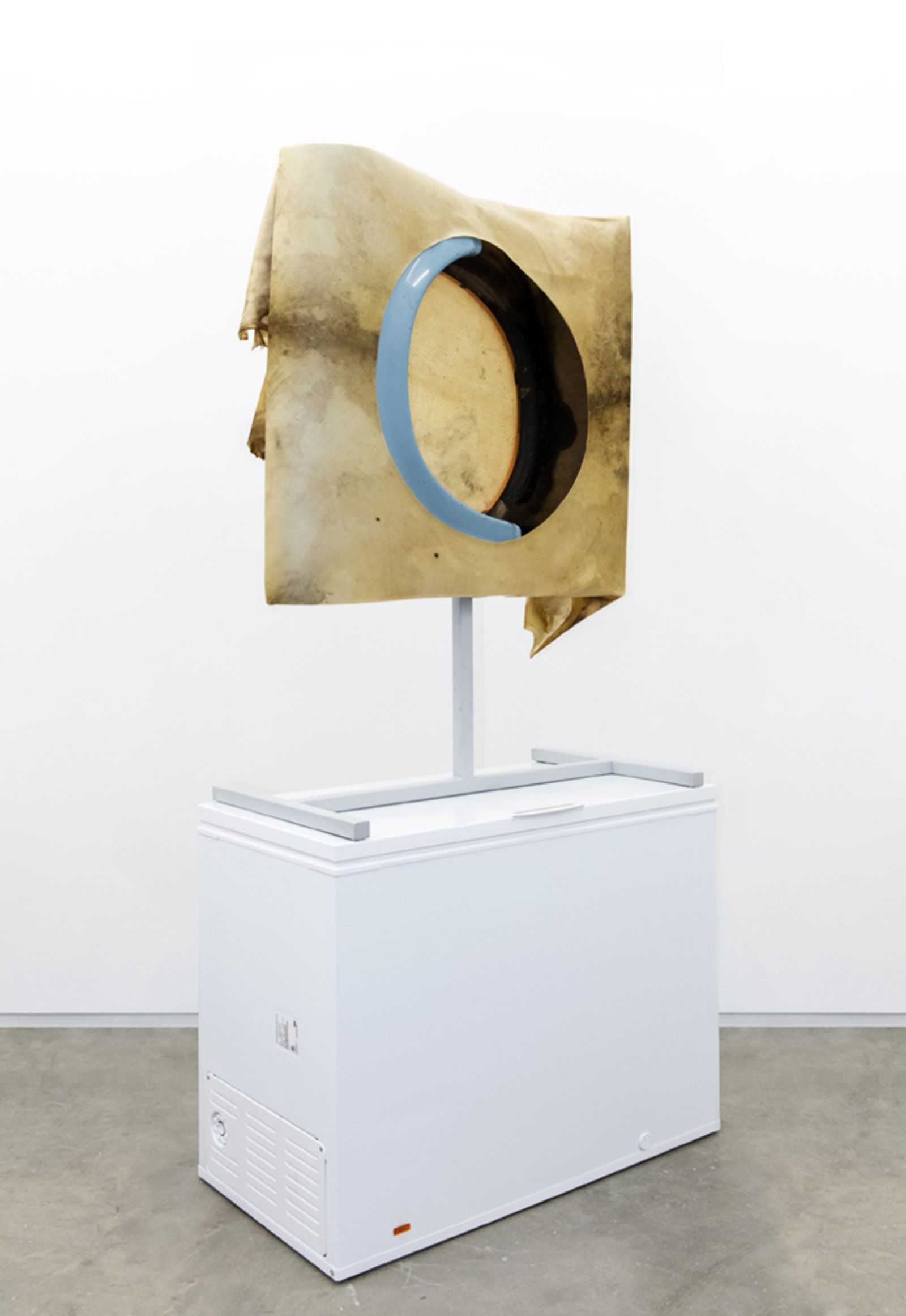 Brian Jungen, Moon, 2013, steel, deer hide, trabant fenders, freezer, 102 x 51 x 28 in. (258 x 130 x 71 cm)