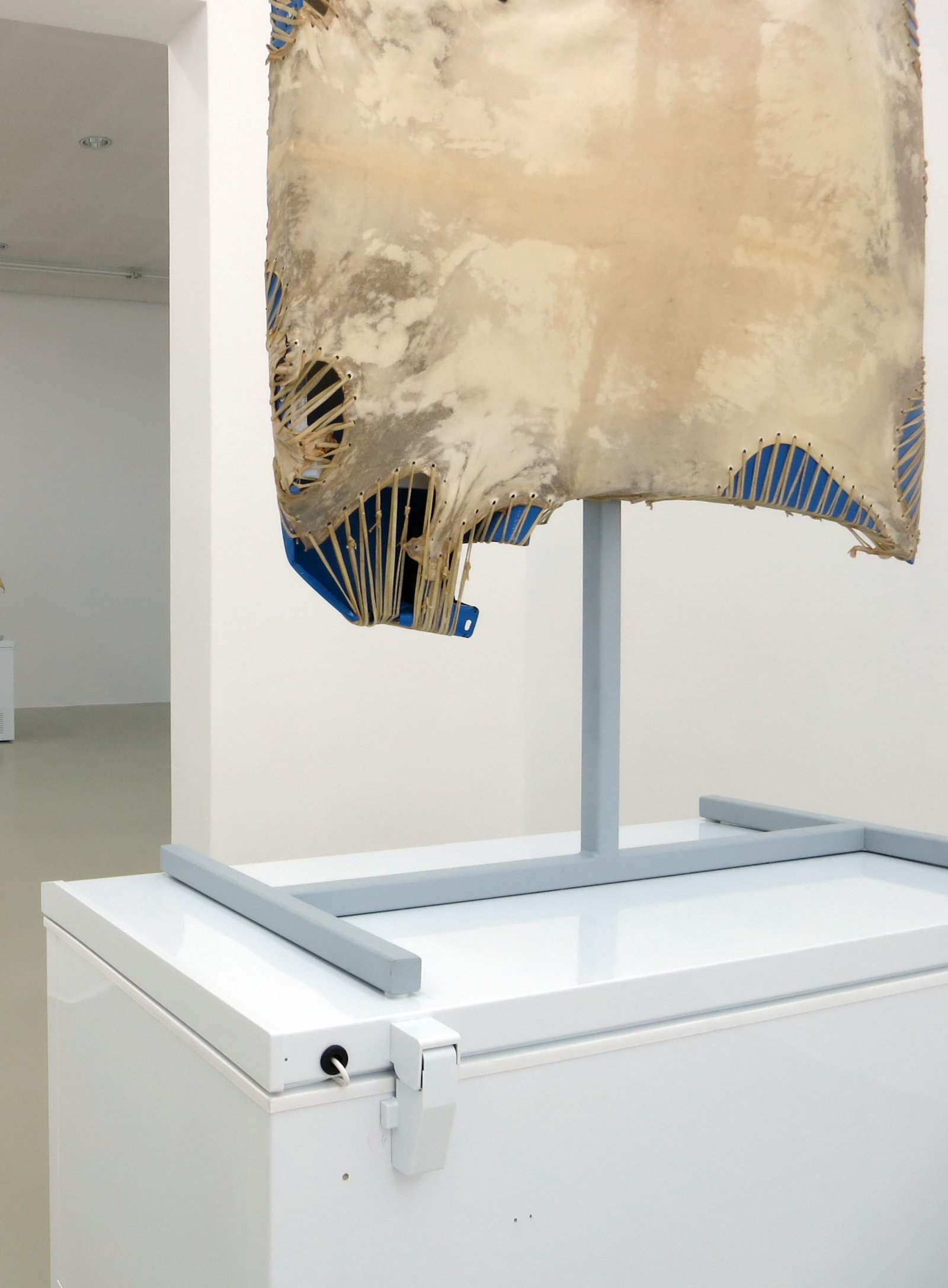 Brian Jungen, Mother Tongue (detail), 2013, steel, deer hide, vw fenders, freezer, 100 x 51 x 28 in. (256 x 130 x 71 cm)