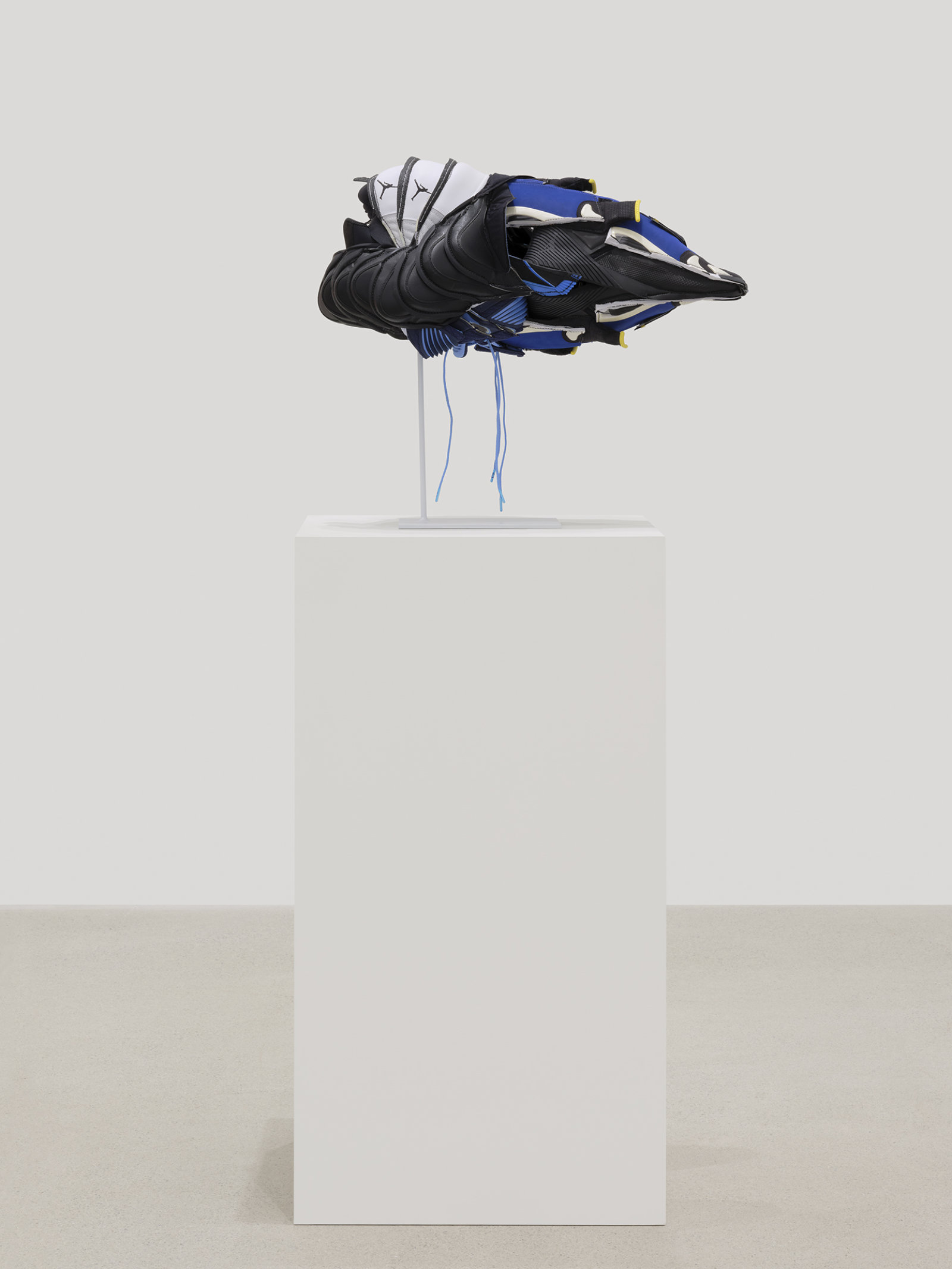 Brian Jungen, Plague Mask 2, 2020, nike air jordans, 12 x 23 x 15 in. (30 x 58 x 38 cm)