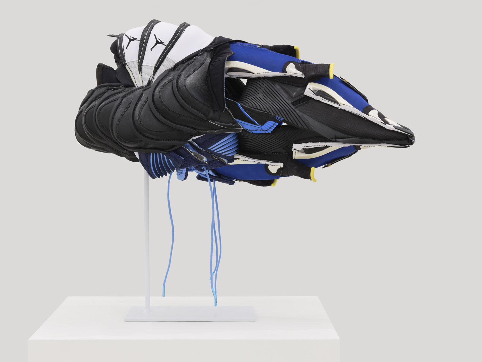 Brian Jungen, Plague Mask 2, 2020, nike air jordans, 12 x 23 x 15 in. (30 x 58 x 38 cm)