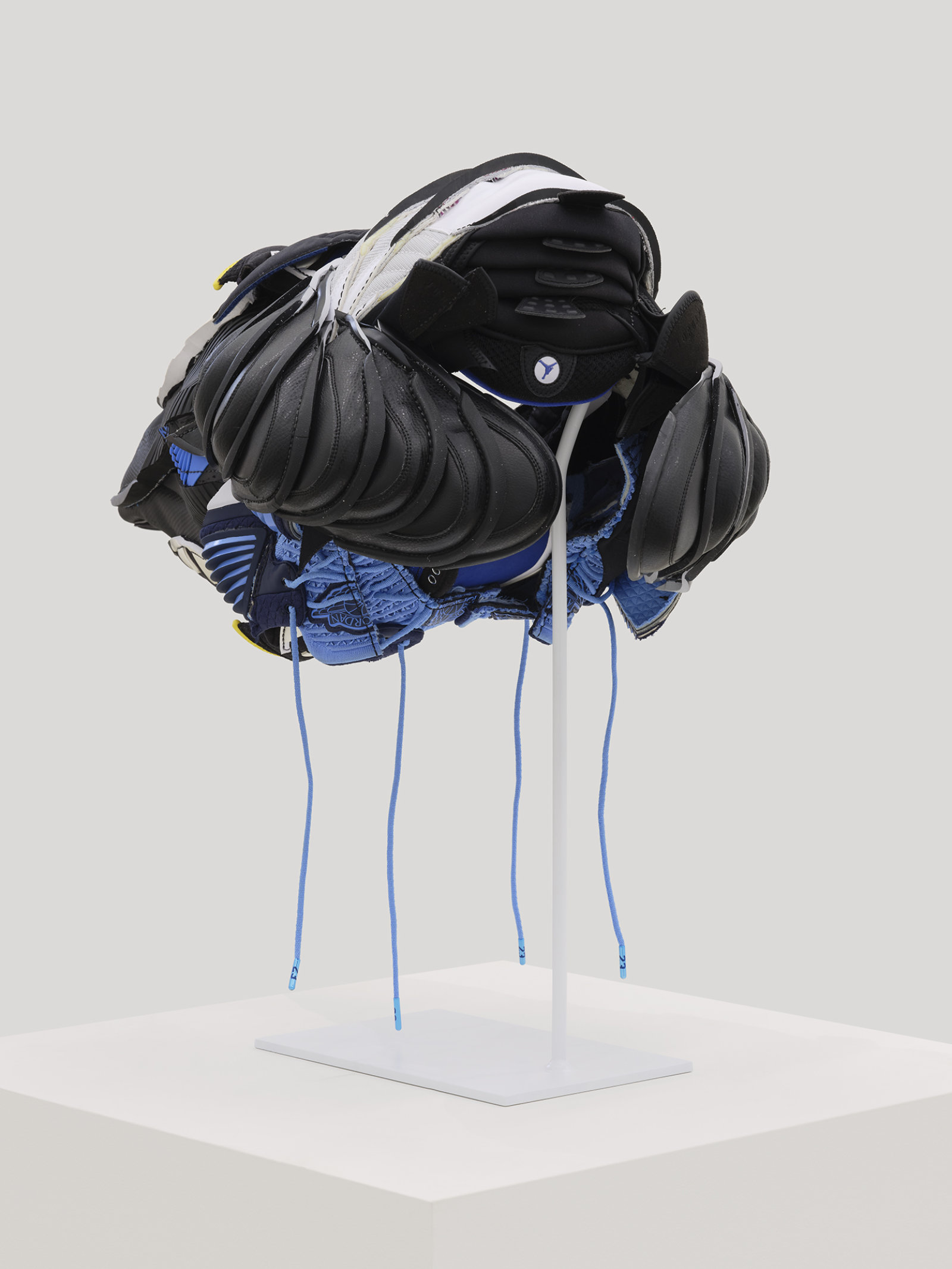 Brian Jungen, Plague Mask 2, 2020, nike air jordans, 12 x 23 x 15 in. (30 x 58 x 38 cm)