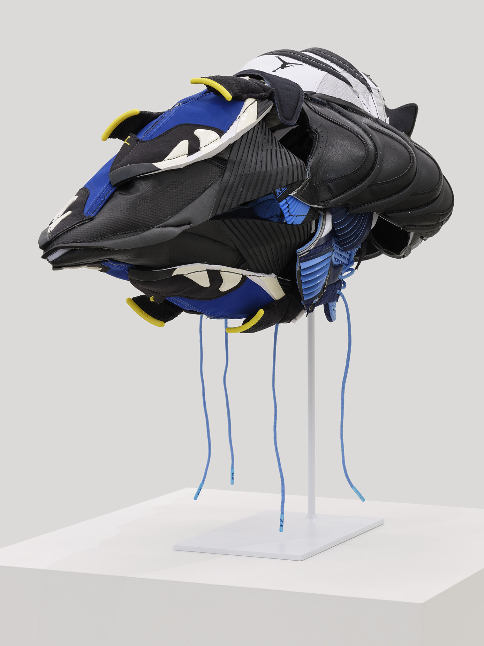 Brian Jungen, Plague Mask 2, 2020, nike air jordans, 12 x 23 x 15 in. (30 x 58 x 38 cm)