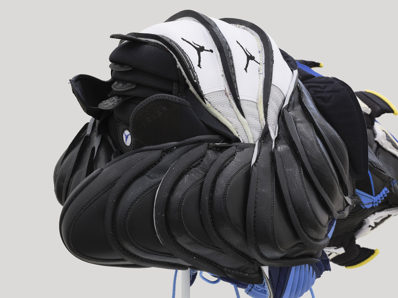 Brian Jungen, Plague Mask 2 (detail), 2020, nike air jordans, 12 x 23 x 15 in. (30 x 58 x 38 cm)