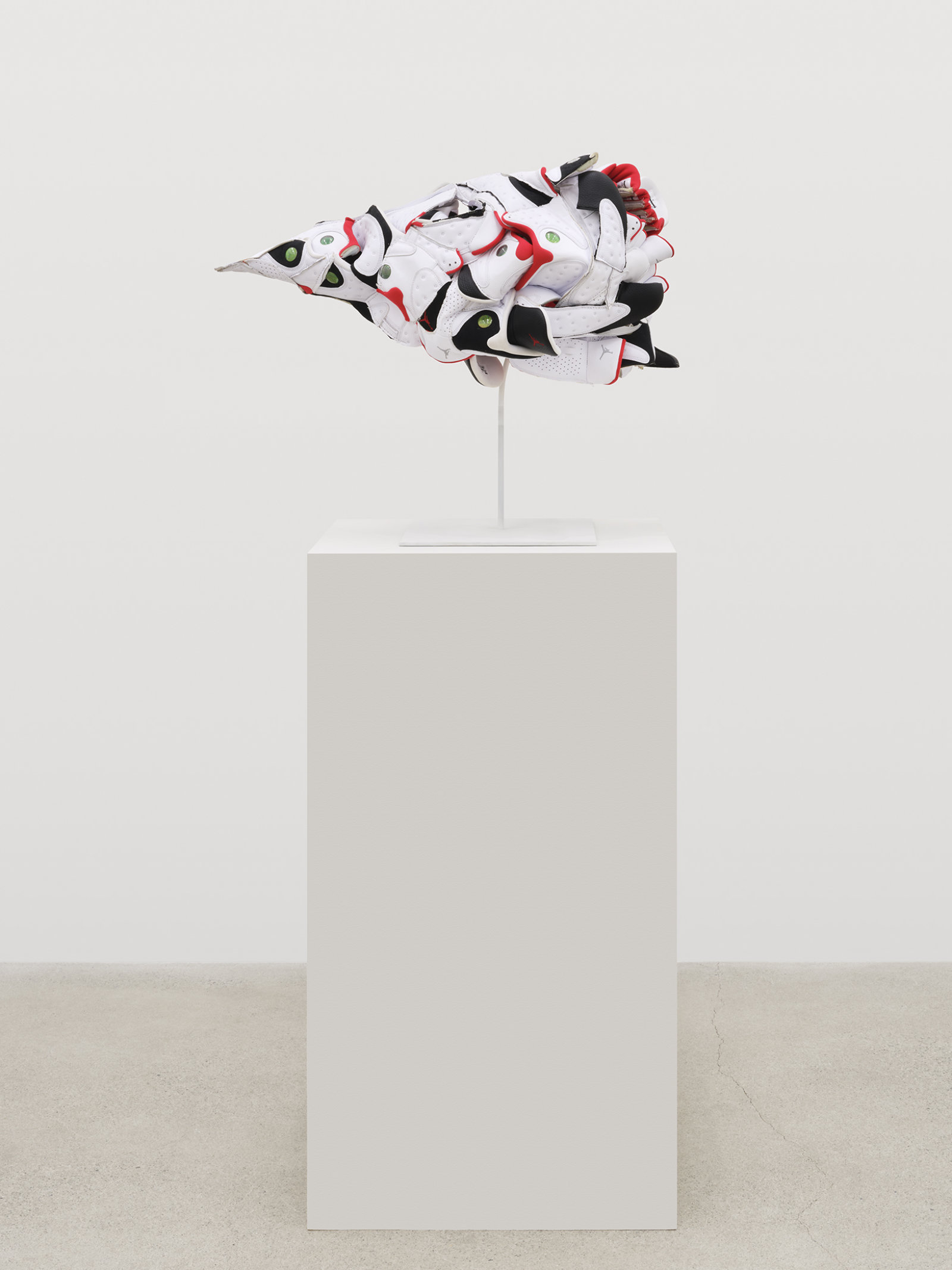 Brian Jungen, Plague Mask 3 (fever dream), 2020, nike air jordans, 17 x 15 x 32 in. (43 x 38 x 81 cm)