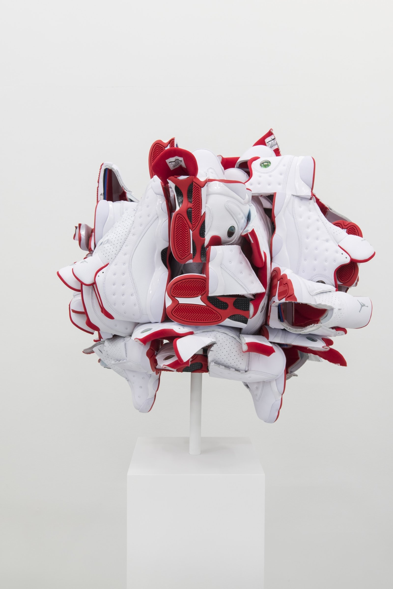 Brian Jungen, Supersize the Light in All Directions 2, 2018, nike air jordans, 29 x 29 x 29 in. (74 x 74 x 74 cm)