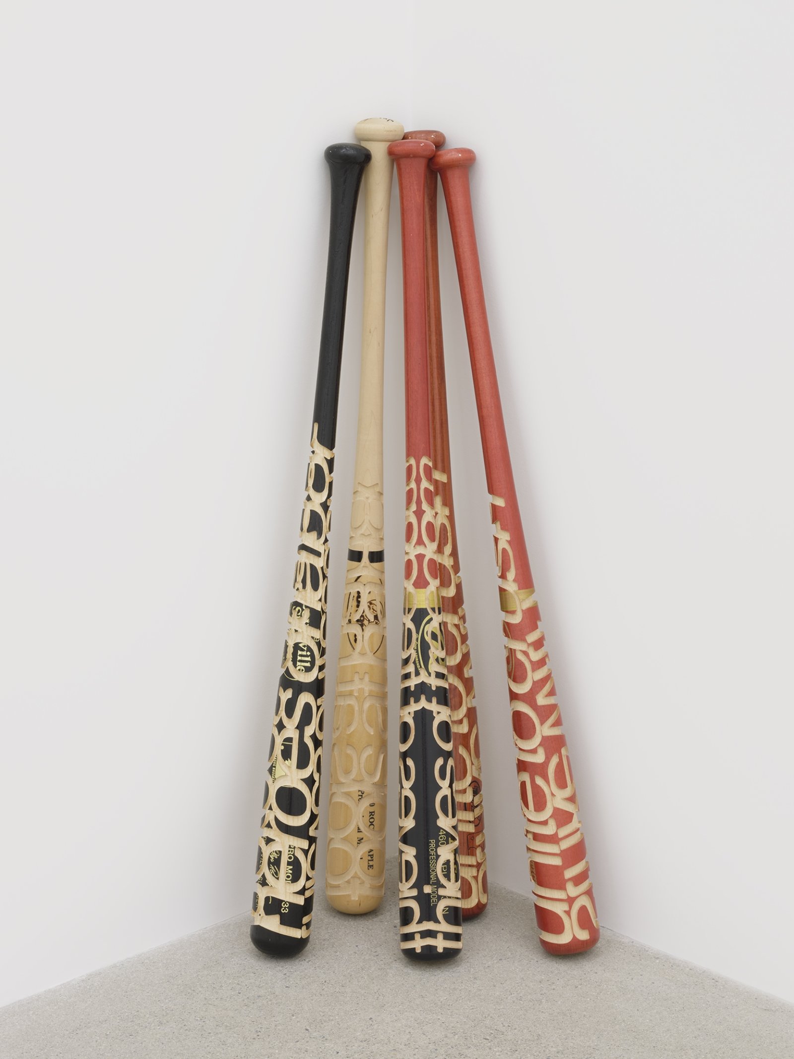 Brian Jungen, Talking Sticks, 2005, carved baseball bats, each 33 x 3 x 3 in. (83 x 8 x 8 cm)