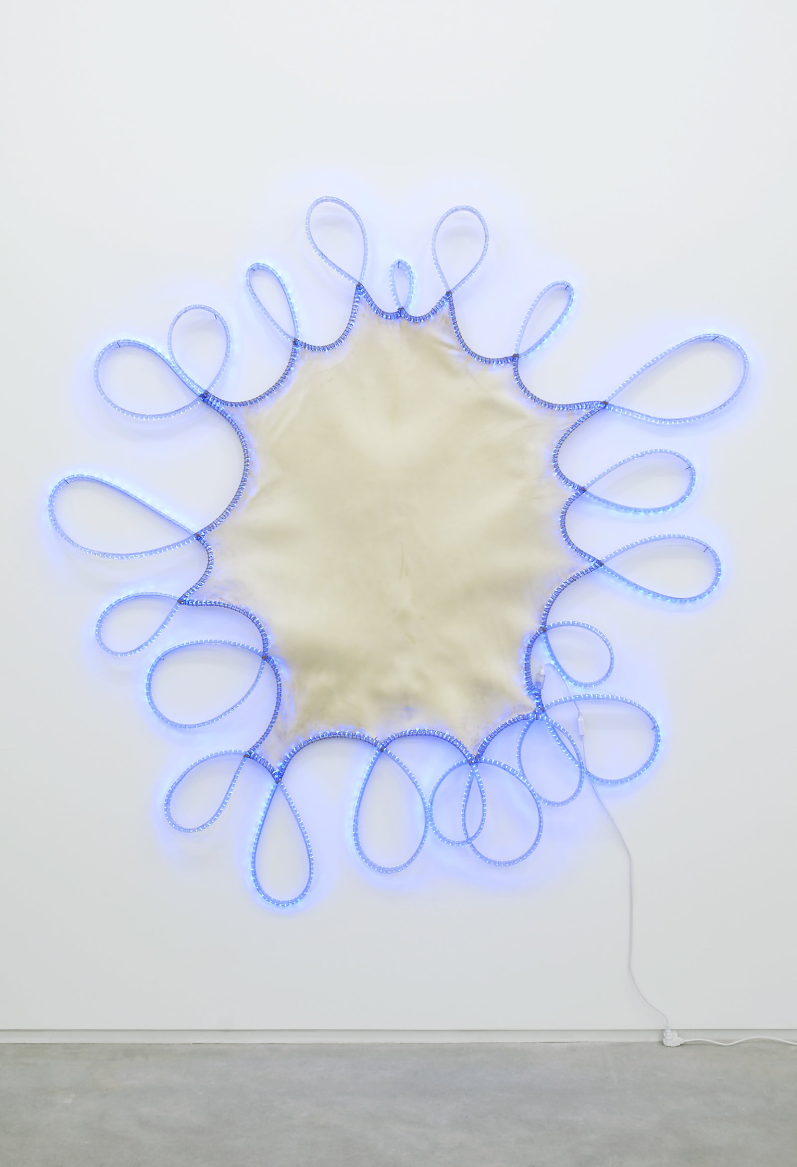 Brian Jungen, Tarandus (blue), 2009, deerskin rawhide, braided sinew, blue LED lights, 79 x 85 x 2 in. (201 x 216 x 5 cm)