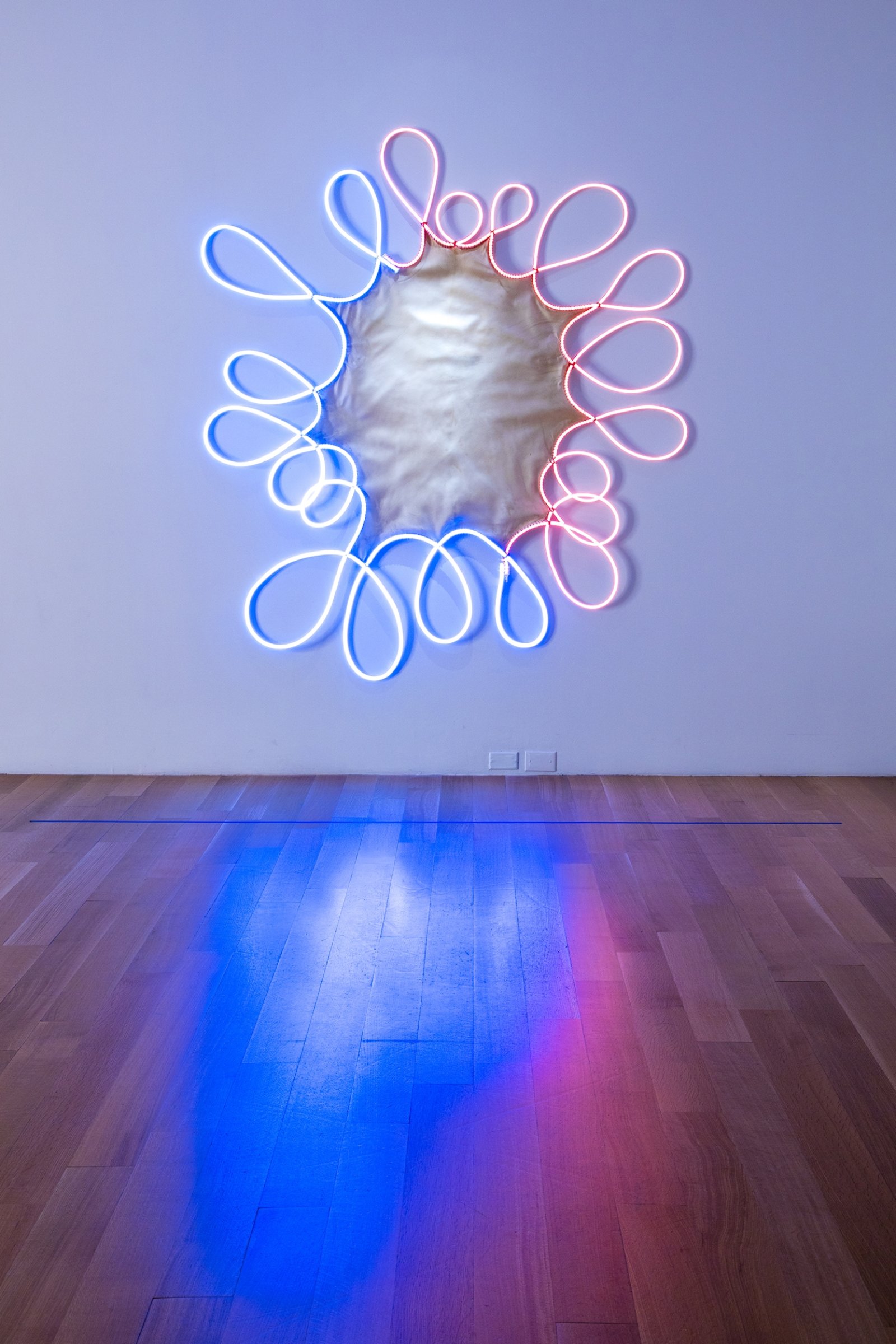 Brian Jungen, Tarandus (blue), 2009/2019, deerskin rawhide, braided sinew and led lights, 79 x 67 x 2 in. (201 x 170 x 5 cm). Installation view, Friendship Centre, Art Gallery of Ontario, Toronto, Canada, 2019