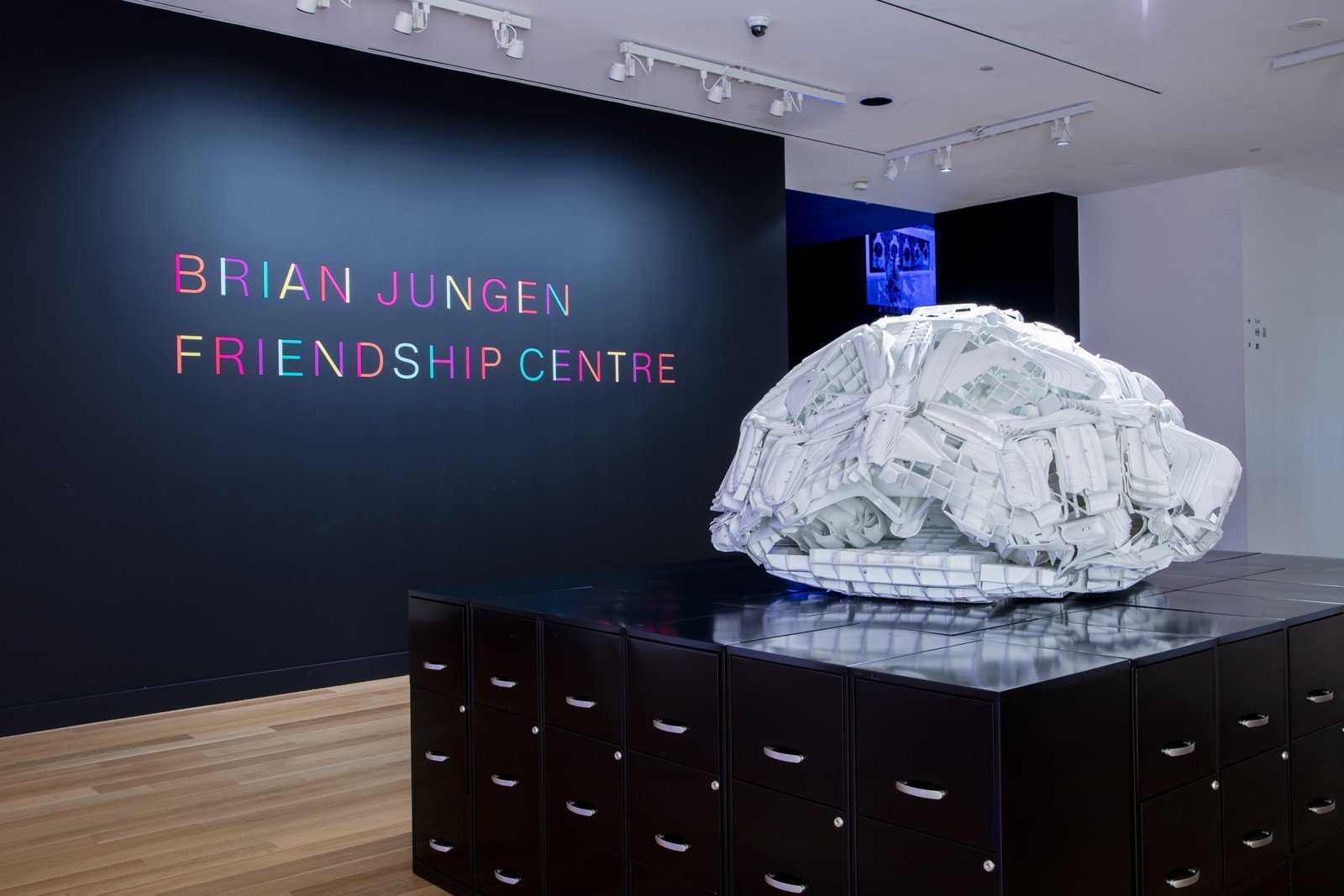 Brian Jungen, Tombstone, 2019, rubbermaid step stools, filing cabinets, 69 x 107 x 86 in. (174 x 272 x 217 cm). Installation view, Friendship Centre, Art Gallery of Ontario, Toronto, Canada, 2019