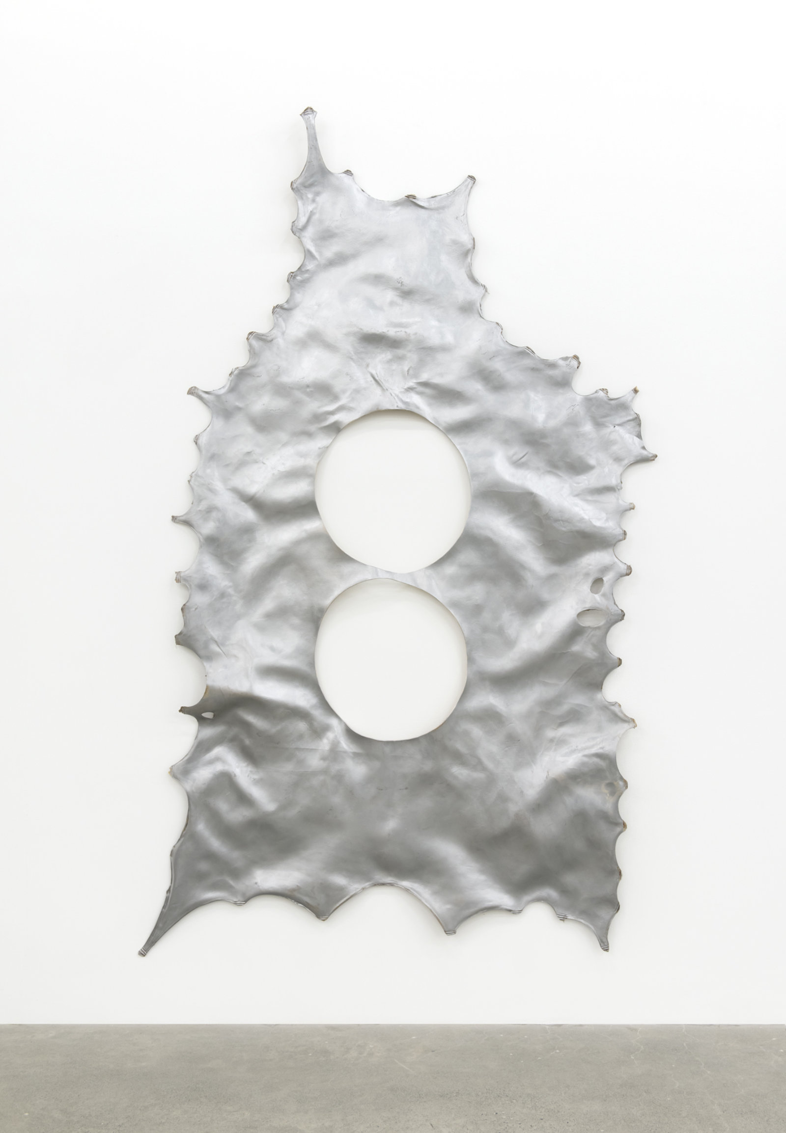 Brian Jungen, Untitled, 2010, elk hide and silver ink, 108 x 59 x 3 in. (274 x 150 x 8 cm)