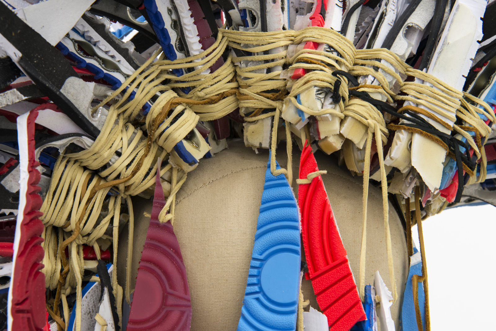 Brian Jungen, Warrior 2 (detail), 2017, nike air jordans, hide glue, deerskin, 77 x 29 x 24 in. (196 x 74 x 61 cm)