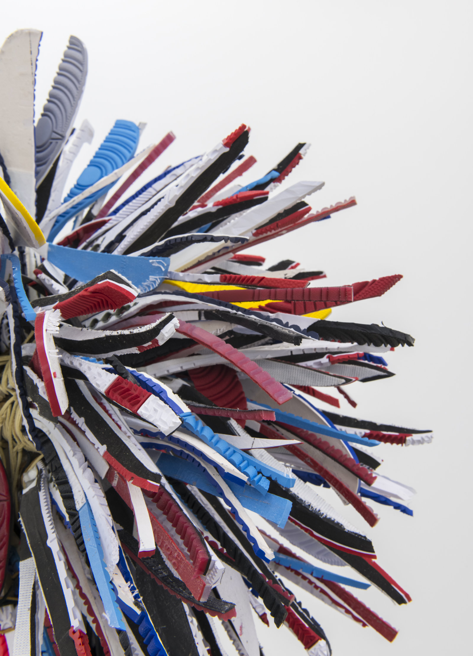 Brian Jungen, Warrior 2 (detail), 2017, nike air jordans, hide glue, deerskin, 77 x 29 x 24 in. (196 x 74 x 61 cm)