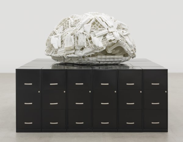Brian Jungen, Tombstone, 2019, rubbermaid step stools, filing cabinets, 69 x 107 x 86 in. (174 x 272 x 217 cm)