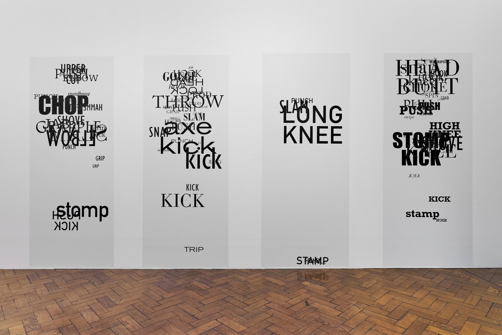 Janice Kerbel, Fight, 2018, screenprints on billboard paper, each 83 x 25 in. (210 x 64 cm). Installation view, Aslan Gaisumov &amp; Janice Kerbel, Bury Art Museum, Bury, UK, 2019