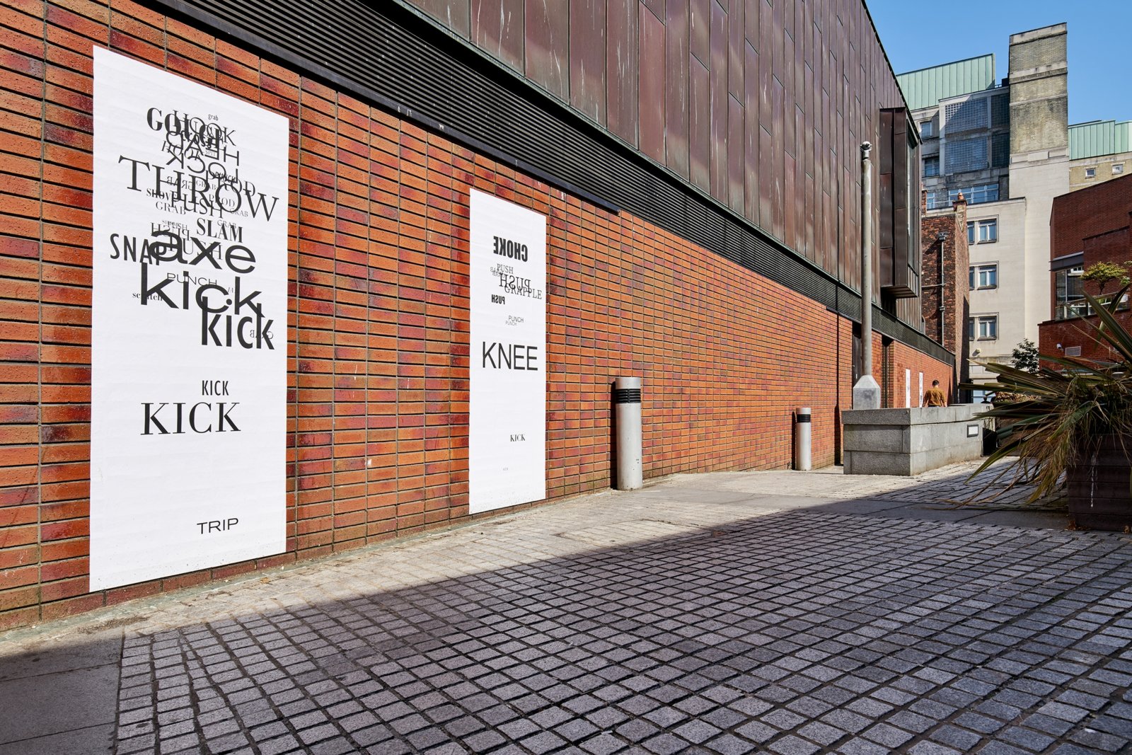 Janice Kerbel, Fight, 2018, screenprints on billboard paper, each 83 x 25 in. (210 x 64 cm). Installation view, Beautiful world, where are you?, Blundell Street, Liverpool, 2018
