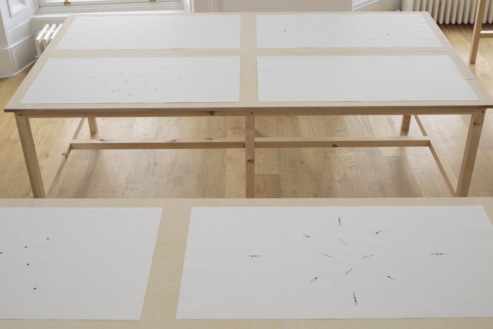 Janice Kerbel, Notes from Sink / Routine for 24 Women, 2018, 24 prints, ink on paper, each 20 x 39 in. (50 x 100 cm). Installation view, Notes from Sink / Routine for 24 Women, The Common Guild, Glasgow, 2018