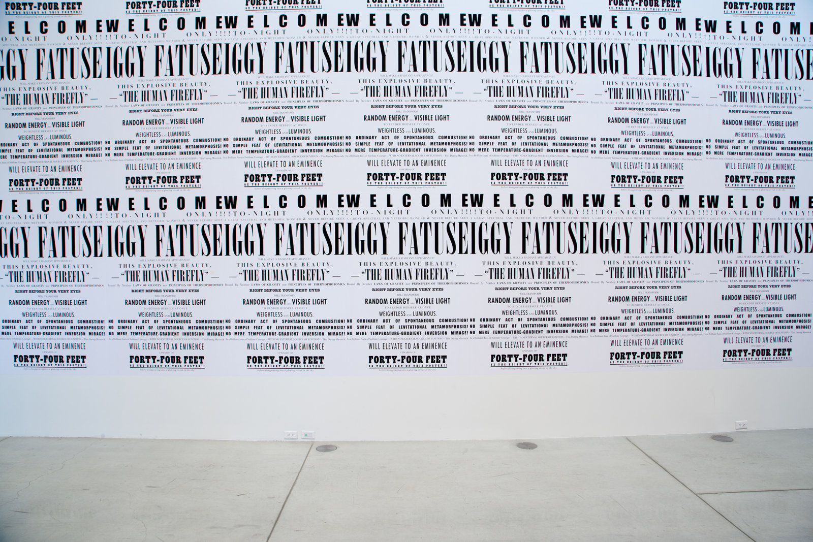 Janice Kerbel, Remarkable: Iggy Fatuse, The Human Firefly, 2007, silkscreen print on campaign poster paper, dimensions variable. Installation view, Elevated, Art Gallery of Ontario, Toronto, ON, 2014