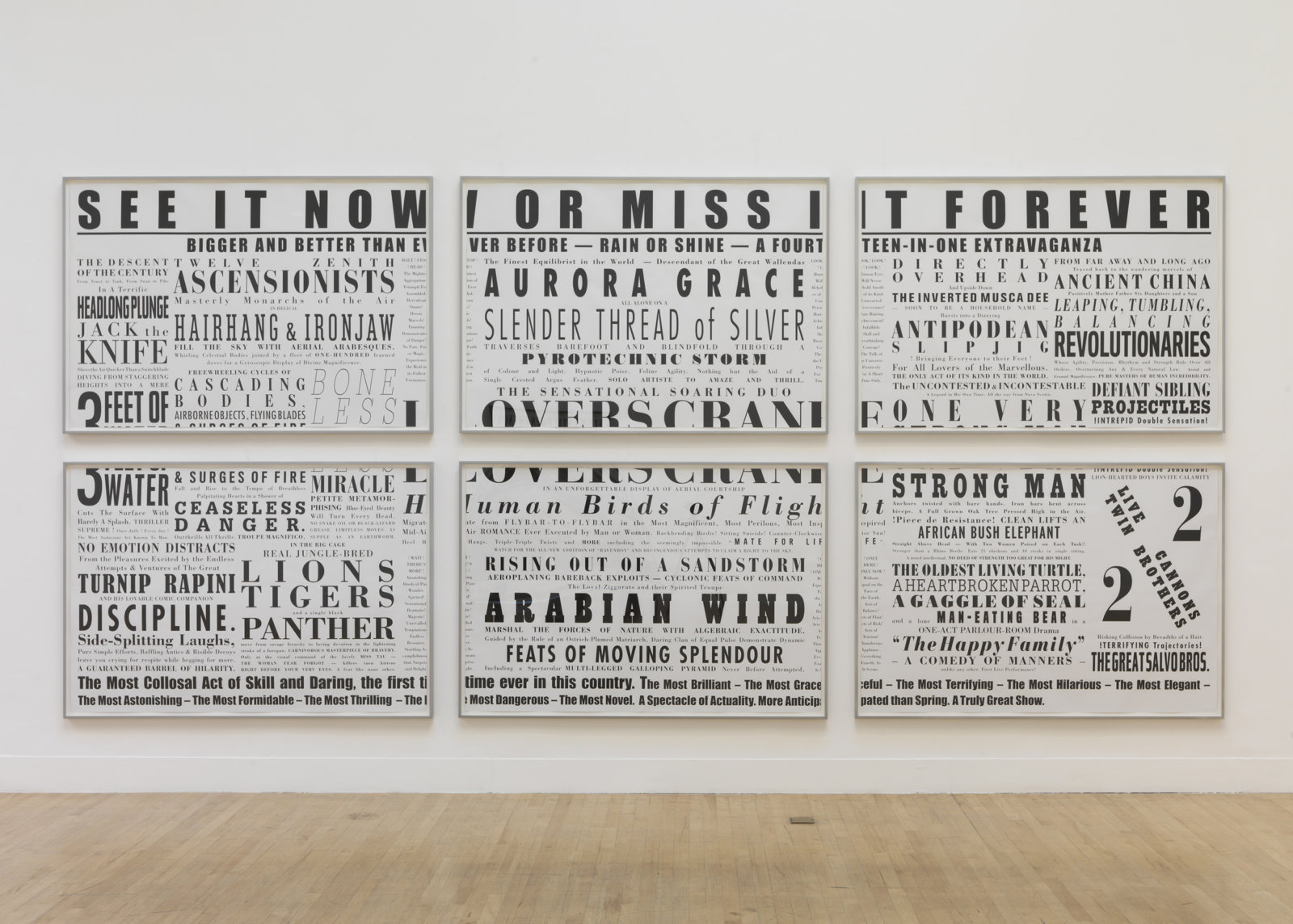 Janice Kerbel, Remarkable: Three Ring!, 2010, 6 pan­elled silkscreen prints on cam­paign poster paper, each 42 x 62 in. (107 x 158 cm). Installation view, Art Now: Janice Kerbel, Tate Britain, London, UK, 2010