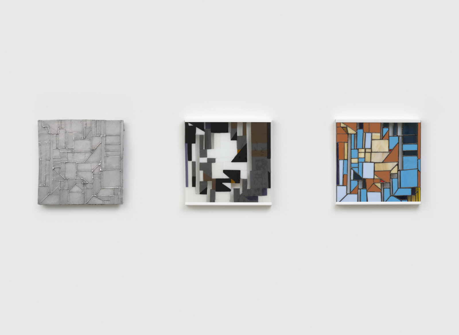 Devon Knowles, Between ’17 and ’22, 2022, aluminum, glass, plastic, lead, tin, steel, triptych, each 12 x 12 x 2 in. (31 x 31 x 4 cm)