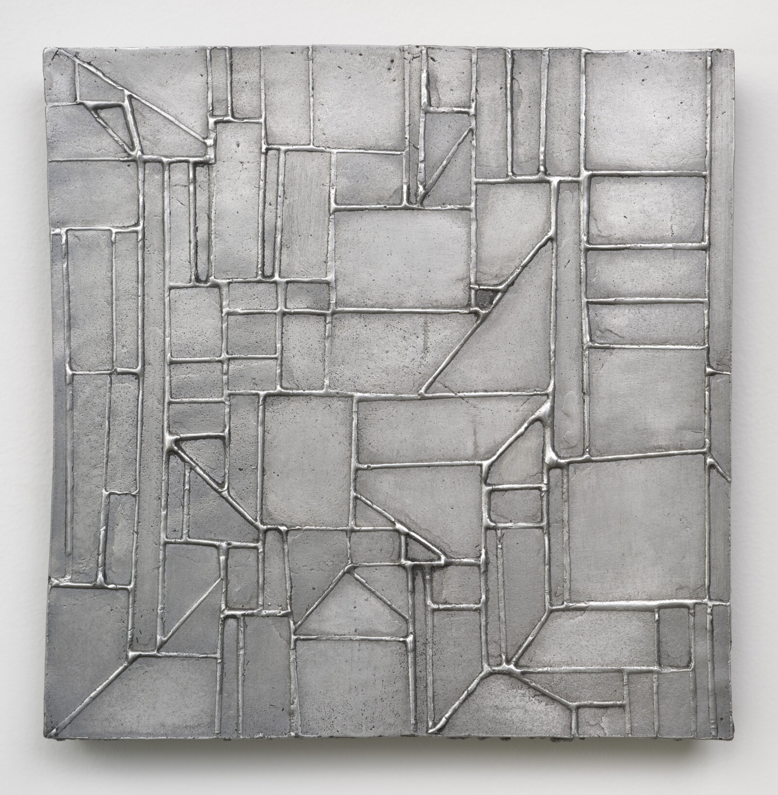 Devon Knowles, Between ’17 and ’22 (detail), 2022, aluminum, glass, plastic, lead, tin, steel, triptych, each 12 x 12 x 2 in. (31 x 31 x 4 cm)