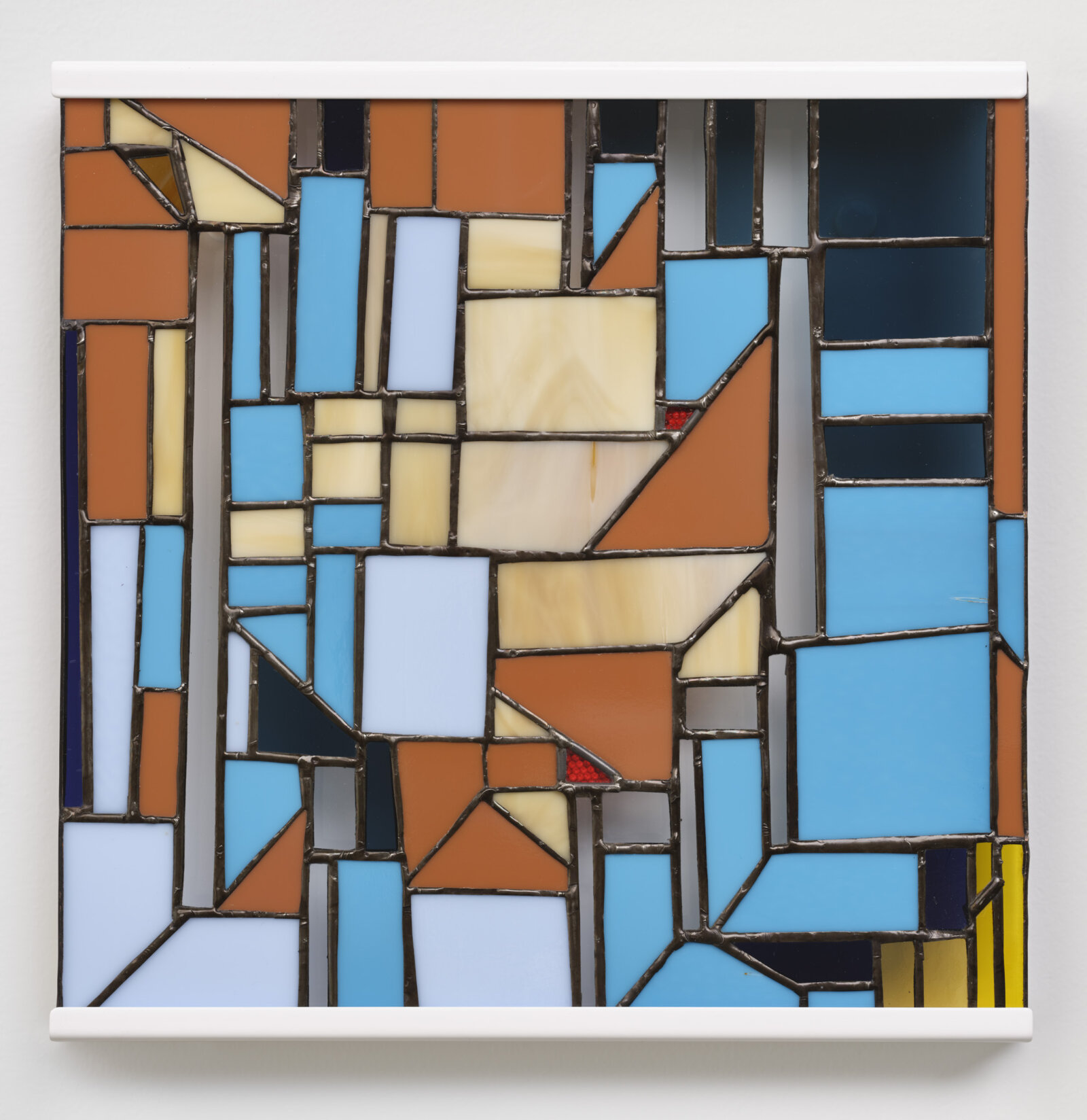 Devon Knowles, Between ’17 and ’22 (detail), 2022, aluminum, glass, plastic, lead, tin, steel, triptych, each 12 x 12 x 2 in. (31 x 31 x 4 cm)