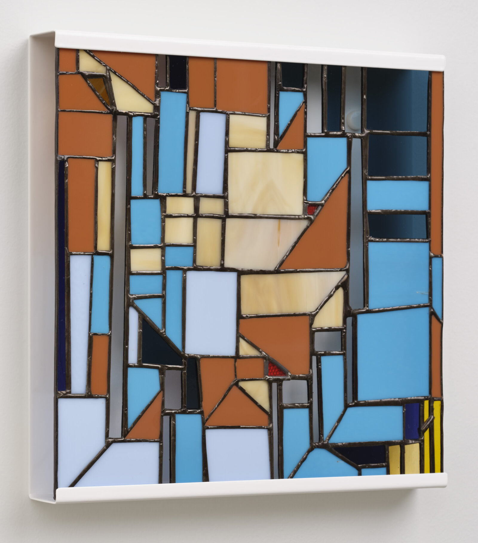 Devon Knowles, Between ’17 and ’22 (detail), 2022, aluminum, glass, plastic, lead, tin, steel, triptych, each 12 x 12 x 2 in. (31 x 31 x 4 cm)