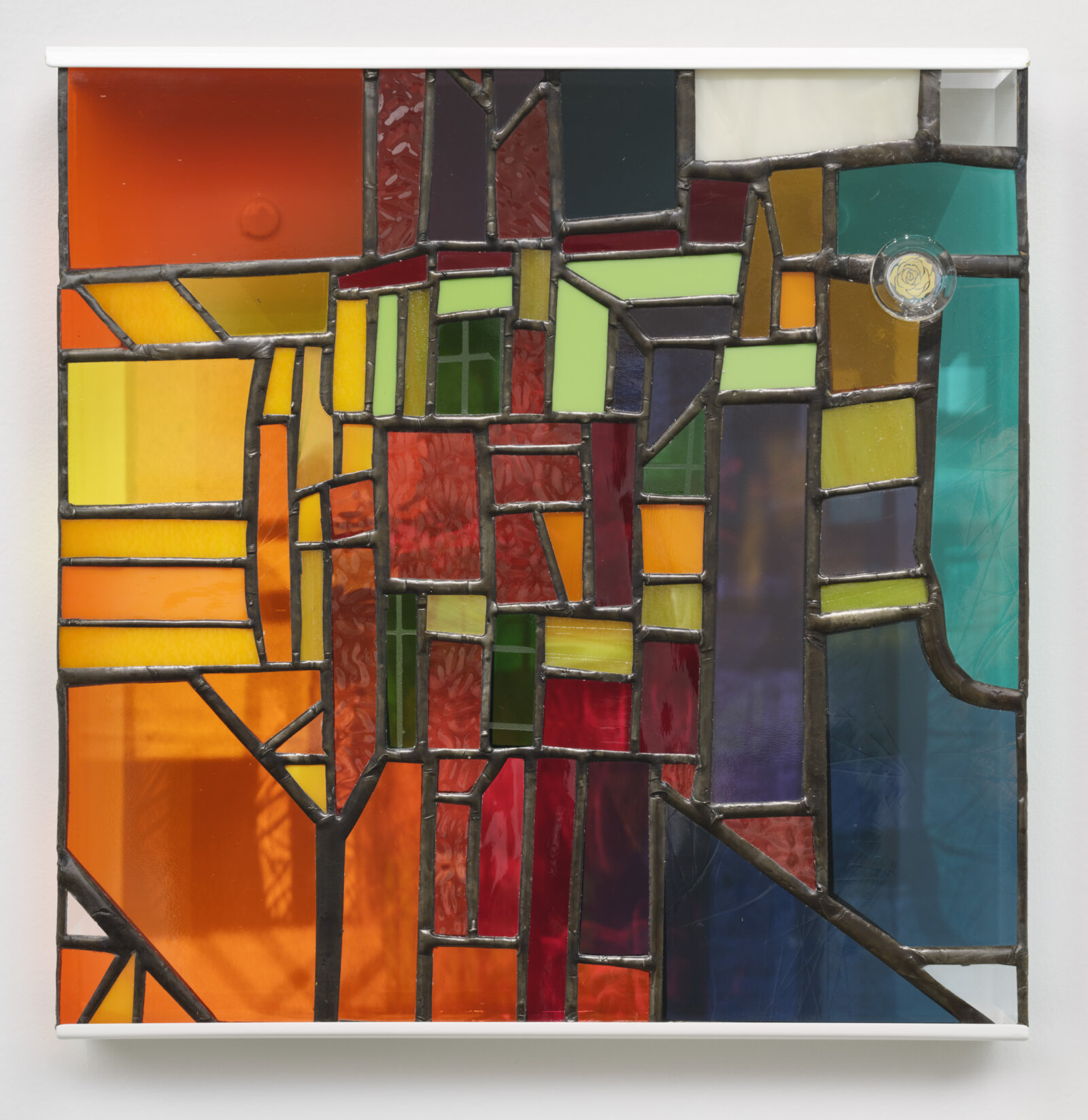 Devon Knowles, Between ’18 and ’22 (detail), 2022, aluminum, glass, lead, tin, steel, triptych, 13 x 30 x 3 in. (33 x 76 x 8 cm)