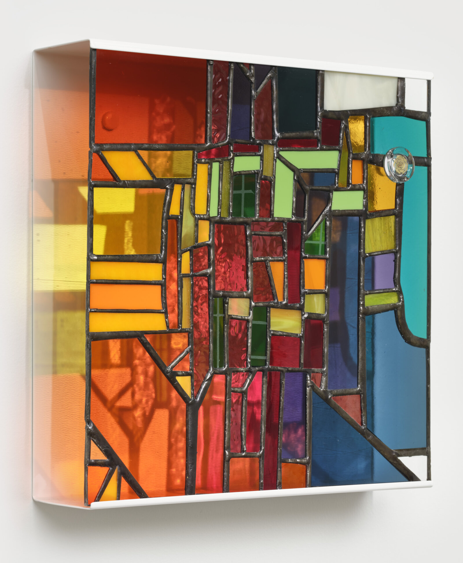 Devon Knowles, Between ’18 and ’22 (detail), 2022, aluminum, glass, lead, tin, steel, triptych, 13 x 30 x 3 in. (33 x 76 x 8 cm)