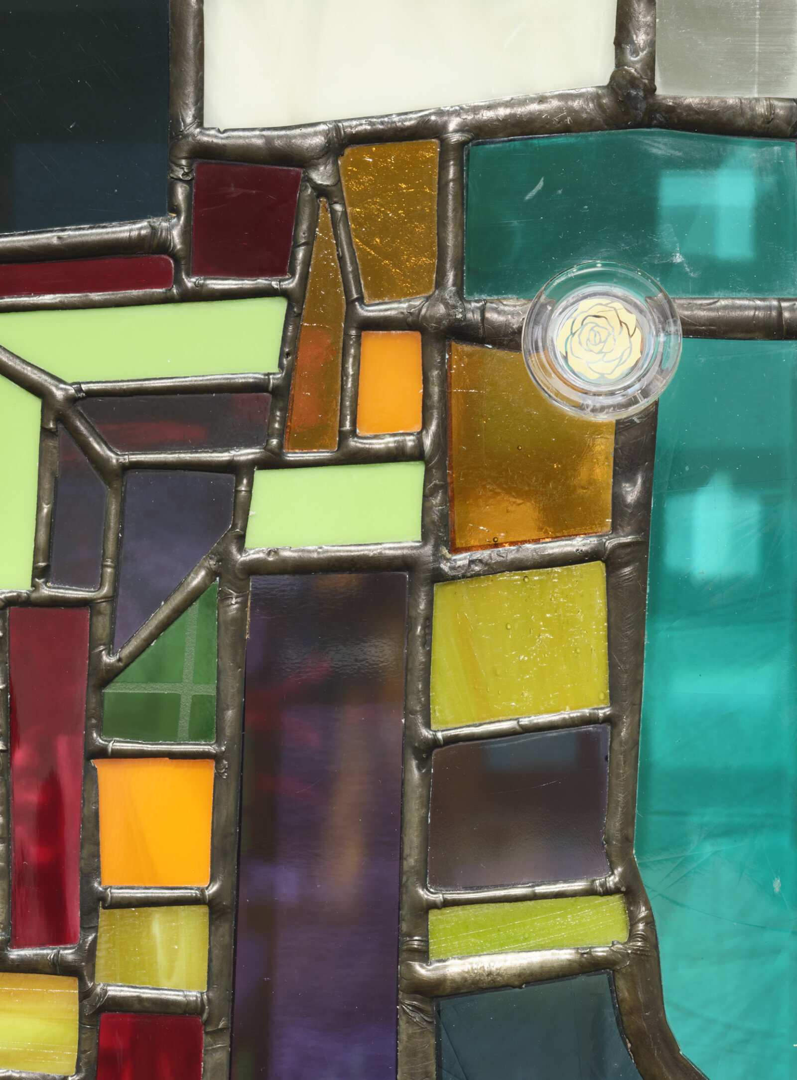 Devon Knowles, Between ’18 and ’22 (detail), 2022, aluminum, glass, lead, tin, steel, triptych, 13 x 30 x 3 in. (33 x 76 x 8 cm)