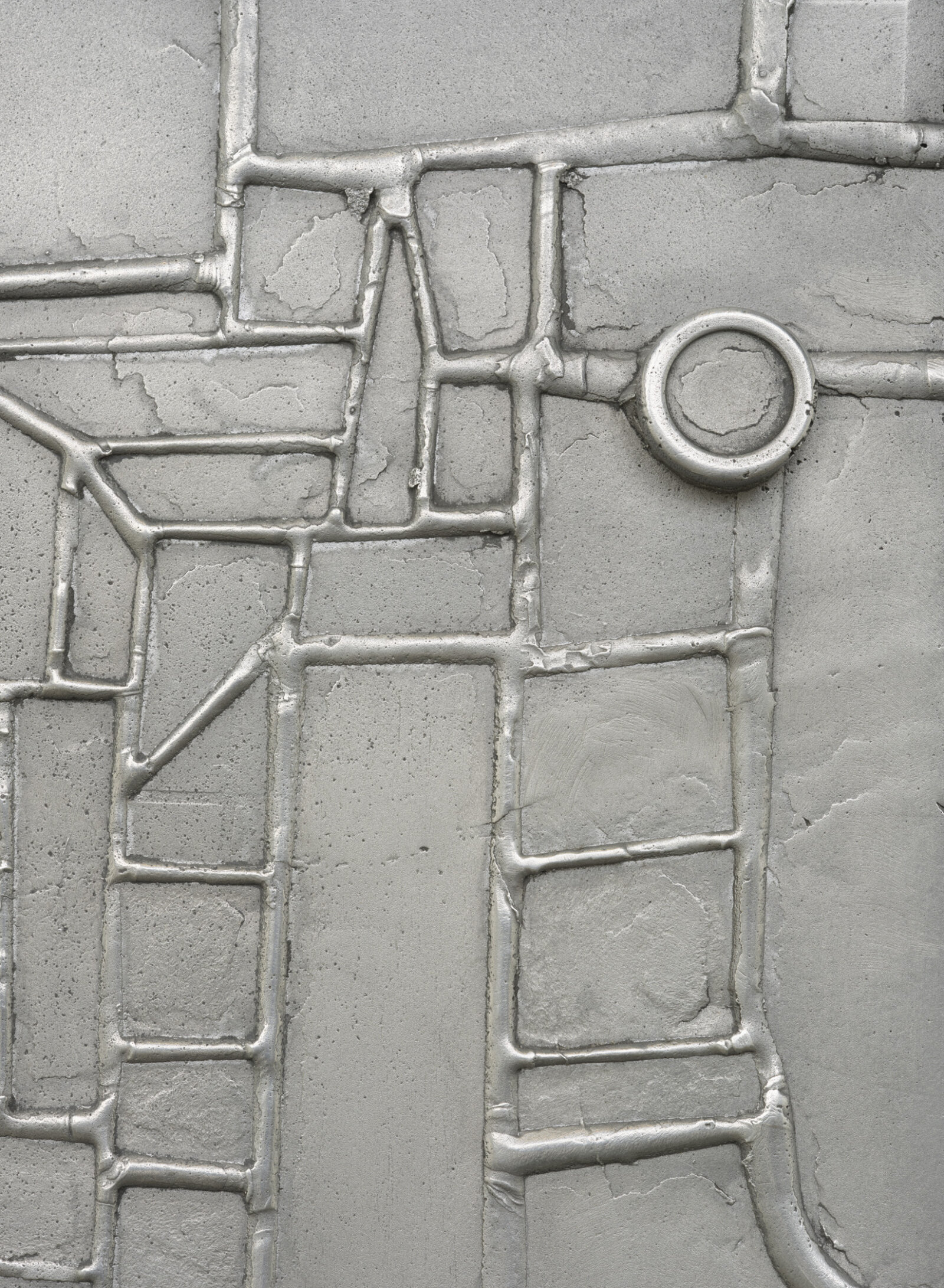 Devon Knowles, Between ’18 and ’22 (detail), 2022, aluminum, glass, lead, tin, steel, triptych, 13 x 30 x 3 in. (33 x 76 x 8 cm)