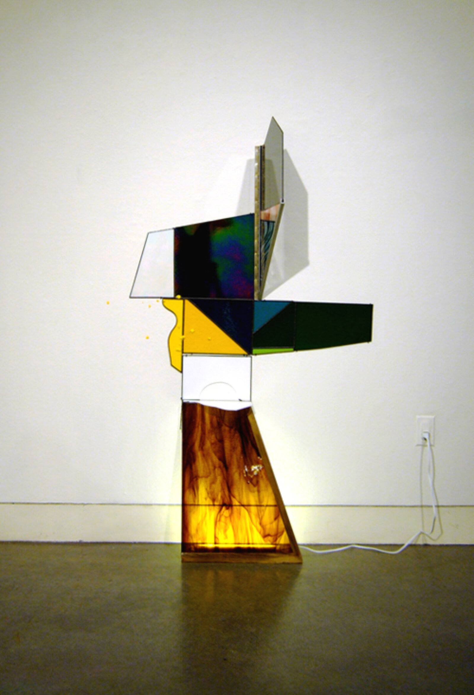 Devon Knowles, Goldenrod Balls, 2008, glass aluminum, wood, brass, steel, fluorescent tube, paper spit balls, 61 x 40 x 9 in. (155 x 102 x 23 cm)