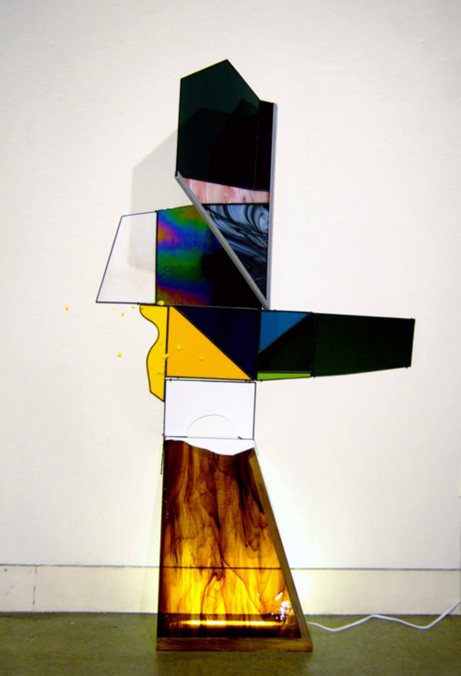 Devon Knowles, Goldenrod Balls, 2008, glass aluminum, wood, brass, steel, fluorescent tube, paper spit balls, 61 x 40 x 9 in. (155 x 102 x 23 cm)