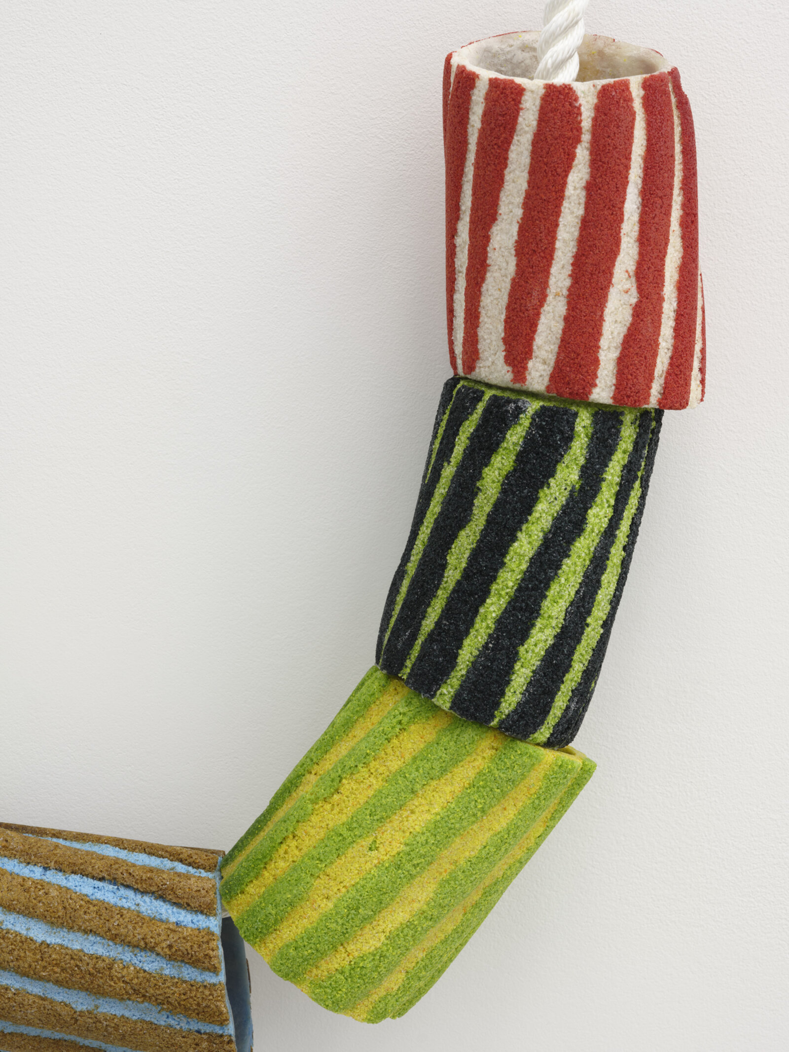 Devon Knowles, Grains of Sand (detail), 2024, glass frit, nylon rope, painted metal, rubber, 56 x 18 x 4 in. (142 x 45 x 10 cm)