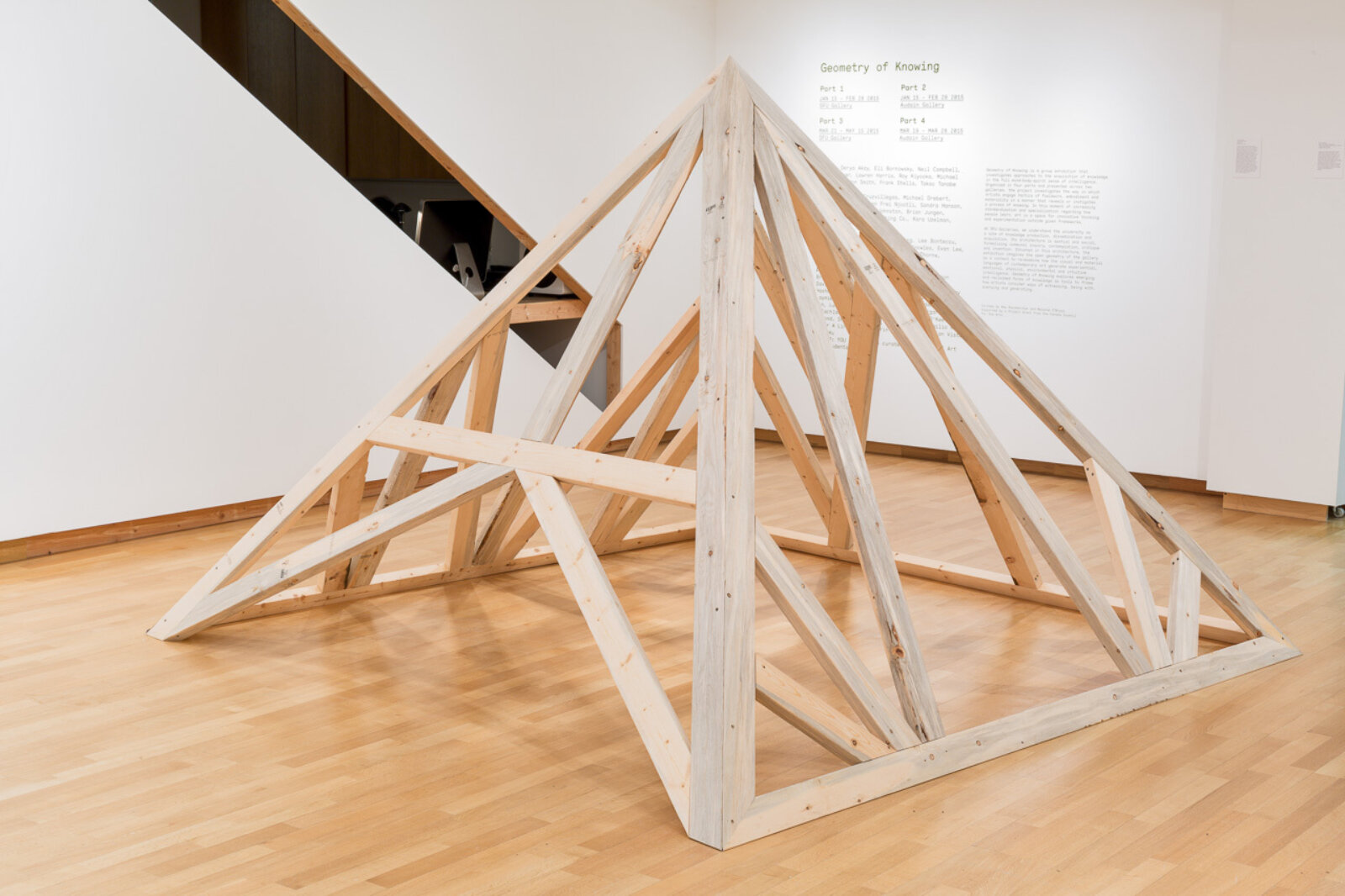 Devon Knowles, MPB Umwelt, 2015, denim pine, 68 x 96 x 96 in. (173 x 244 x 244 cm). Installation view, Geometry of Knowing, Simon Fraser University Galleries, Burnaby, Canada, 2015