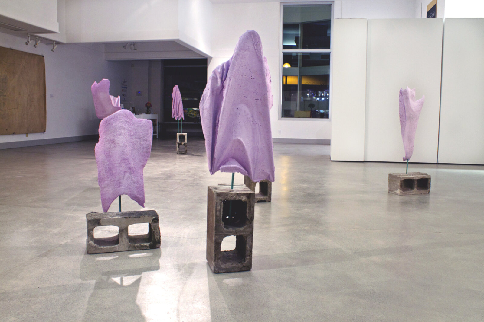 Devon Knowles, Mauve Ghosts, 2013, concrete, pigment, steel, dimensions variable. Installation view, Black Diamond Dust, Nanaimo Art Gallery, Canada, 2014