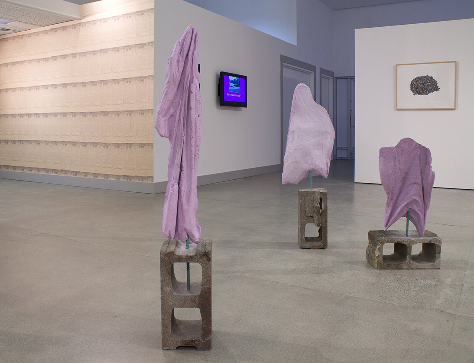 Devon Knowles, Mauve Ghosts, 2013, concrete, pigment, steel, dimensions variable. Installation view, Black Diamond Dust, Nanaimo Art Gallery, Canada, 2014