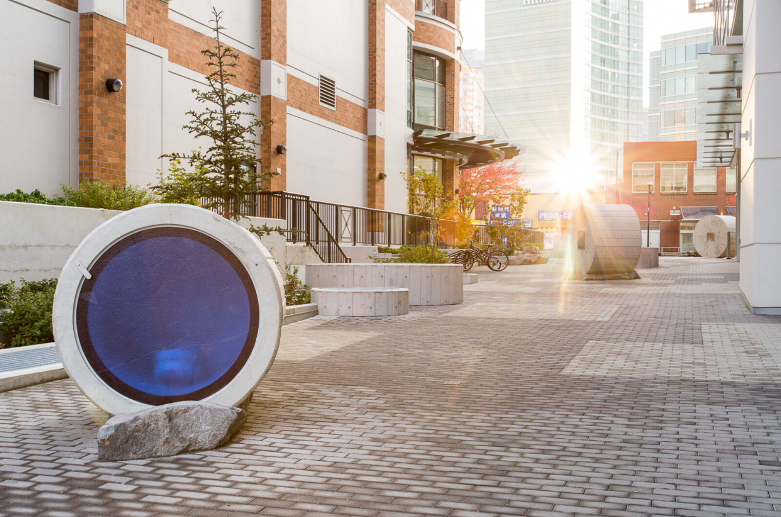 Devon Knowles, Total Running Time, 2015, concrete, glass, basalt, LED, stainless steel, native plantings, dimensions variable. Installation view, Burnaby, Canada, 2015