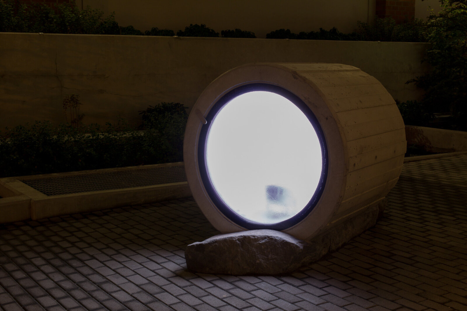 Devon Knowles, Total Running Time, 2015, concrete, glass, basalt, LED, stainless steel, native plantings, dimensions variable. Installation view, Burnaby, Canada, 2015